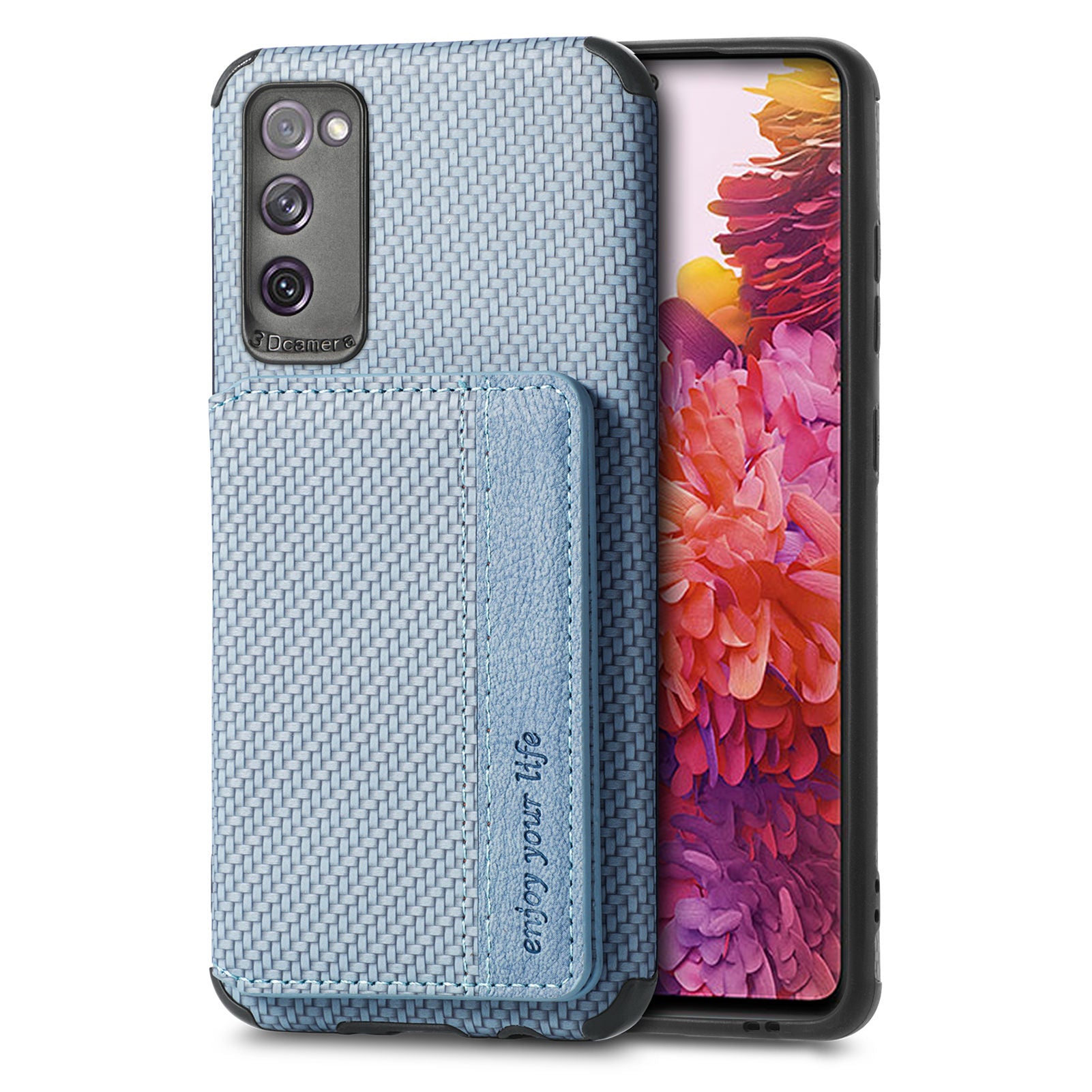 Anti-fall Carbon Fiber Texture PU Leather Coated Phone Case Kickstand Wallet Protective Cover for Samsung Galaxy S20 Lite/S20 FE/S20 FE 5G/S20 FE 2022 - Blue