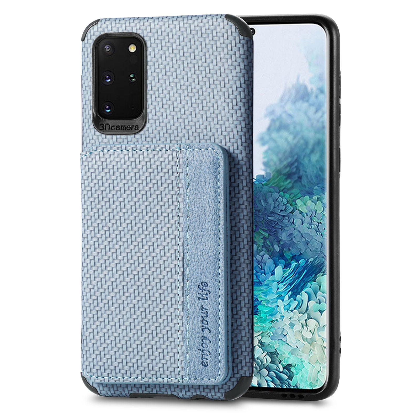 Anti-fall Carbon Fiber Texture PU Leather Coated Phone Case Kickstand Wallet Protective Cover for Samsung Galaxy S20 Lite/S20 FE/S20 FE 5G/S20 FE 2022 - Blue