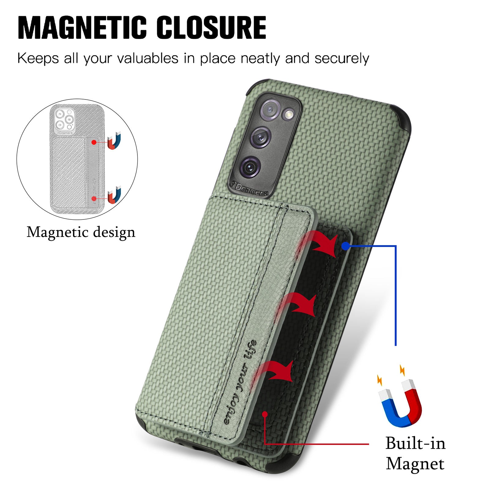 Anti-fall Carbon Fiber Texture PU Leather Coated Phone Case Kickstand Wallet Protective Cover for Samsung Galaxy S20 Lite/S20 FE/S20 FE 5G/S20 FE 2022 - Green