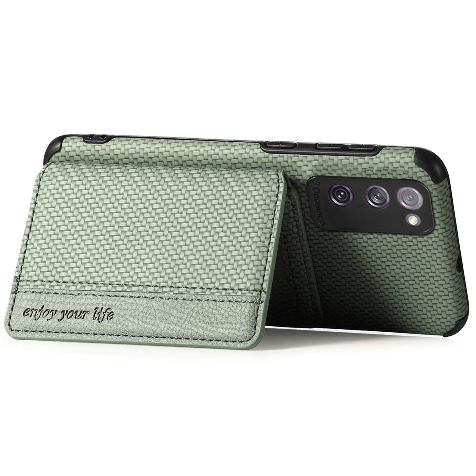 Anti-fall Carbon Fiber Texture PU Leather Coated Phone Case Kickstand Wallet Protective Cover for Samsung Galaxy S20 Lite/S20 FE/S20 FE 5G/S20 FE 2022 - Green