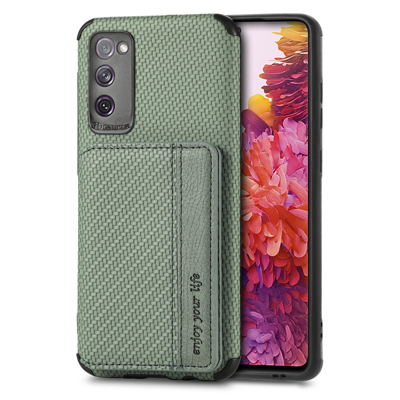 Anti-fall Carbon Fiber Texture PU Leather Coated Phone Case Kickstand Wallet Protective Cover for Samsung Galaxy S20 Lite/S20 FE/S20 FE 5G/S20 FE 2022 - Green