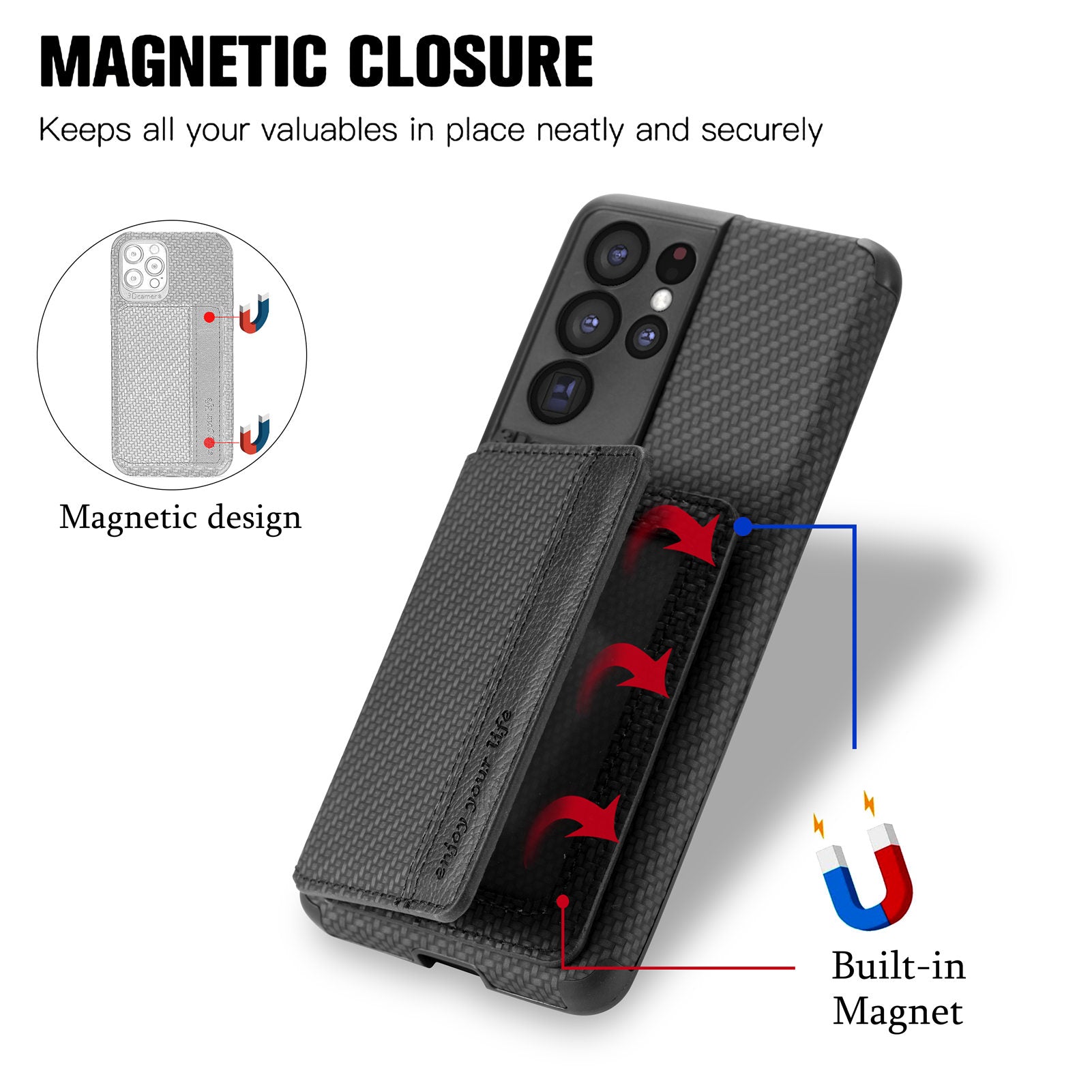 Quality Leather and TPU Phone Case Carbon Fiber Texture Anti-Drop Card Holder Design Built-in Magnet Metal Sheet Phone Cover with Kickstand for 	Samsung Galaxy S20 Ultra - Black