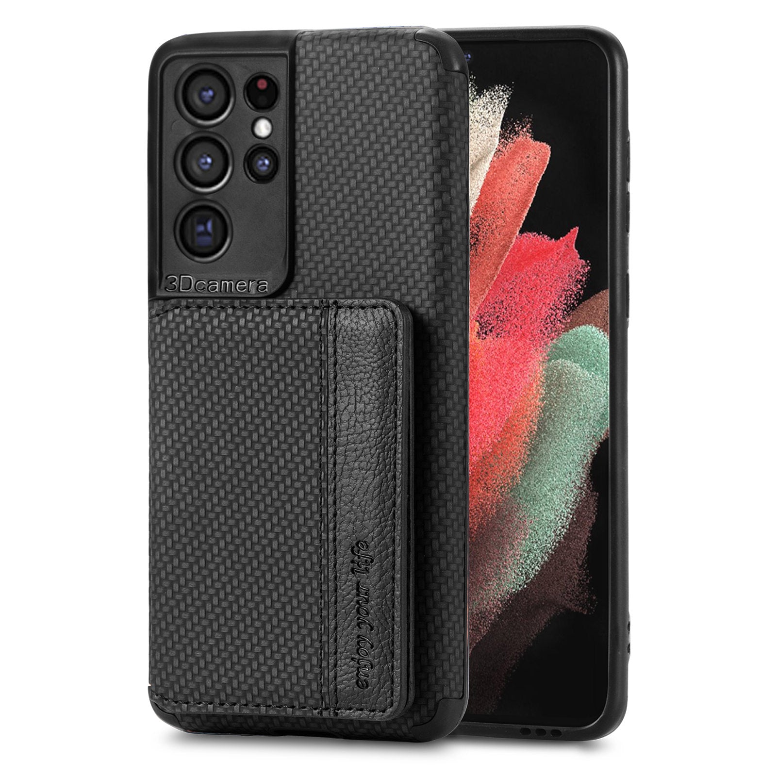 Quality Leather and TPU Phone Case Carbon Fiber Texture Anti-Drop Card Holder Design Built-in Magnet Metal Sheet Phone Cover with Kickstand for 	Samsung Galaxy S20 Ultra - Black