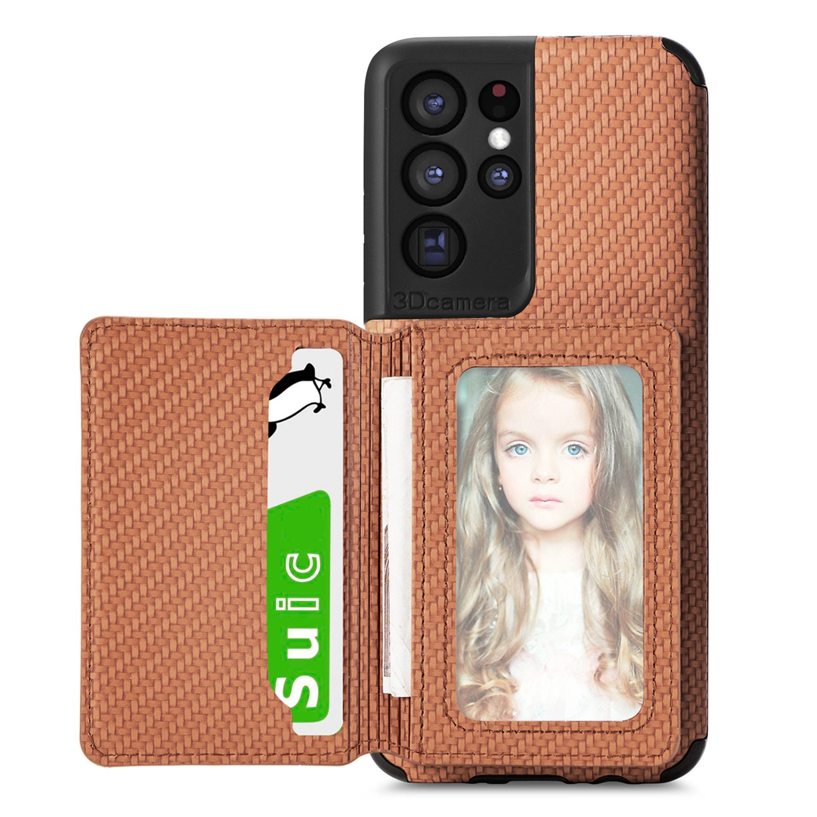 Quality Leather and TPU Phone Case Carbon Fiber Texture Anti-Drop Card Holder Design Built-in Magnet Metal Sheet Phone Cover with Kickstand for 	Samsung Galaxy S20 Ultra - Brown