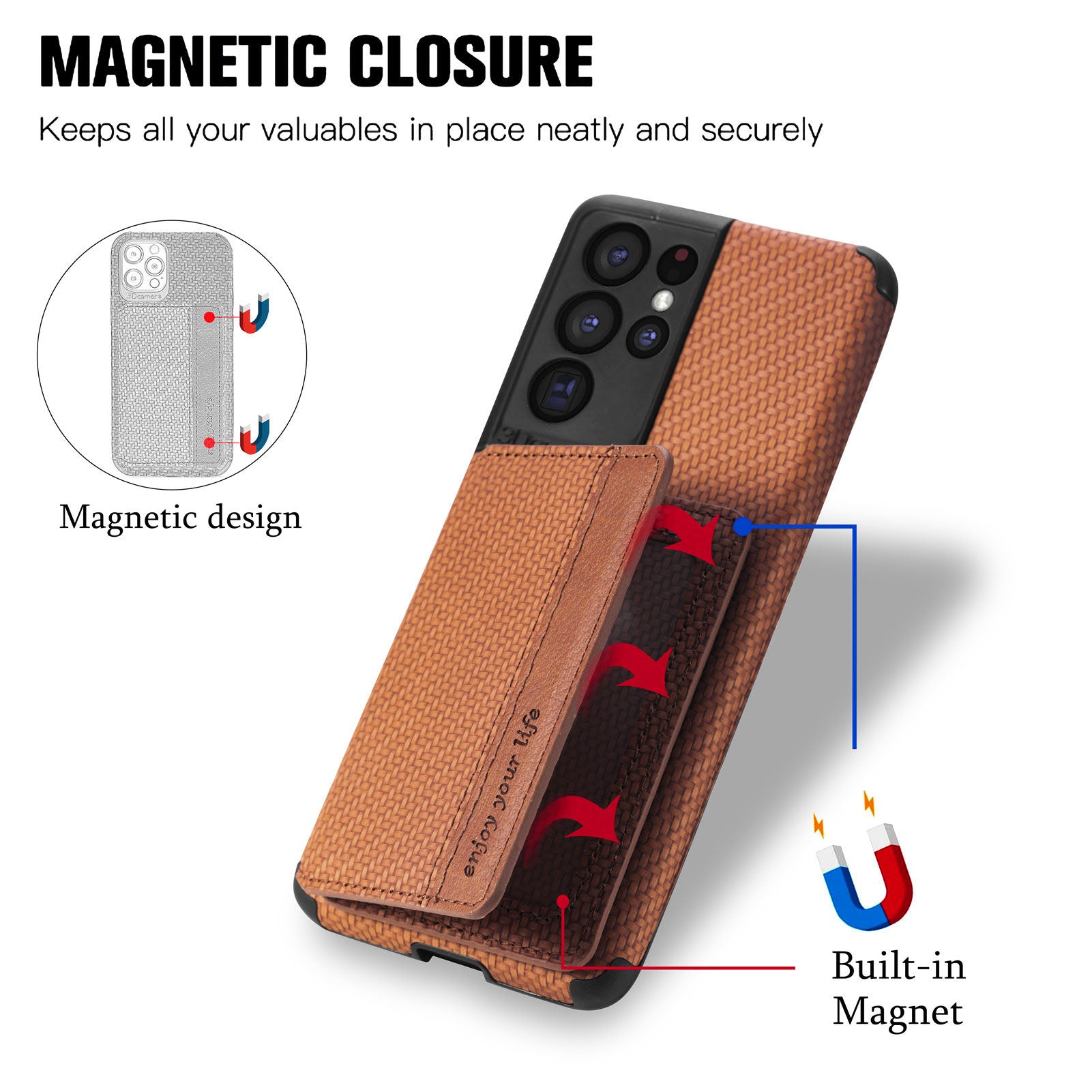 Quality Leather and TPU Phone Case Carbon Fiber Texture Anti-Drop Card Holder Design Built-in Magnet Metal Sheet Phone Cover with Kickstand for 	Samsung Galaxy S20 Ultra - Brown