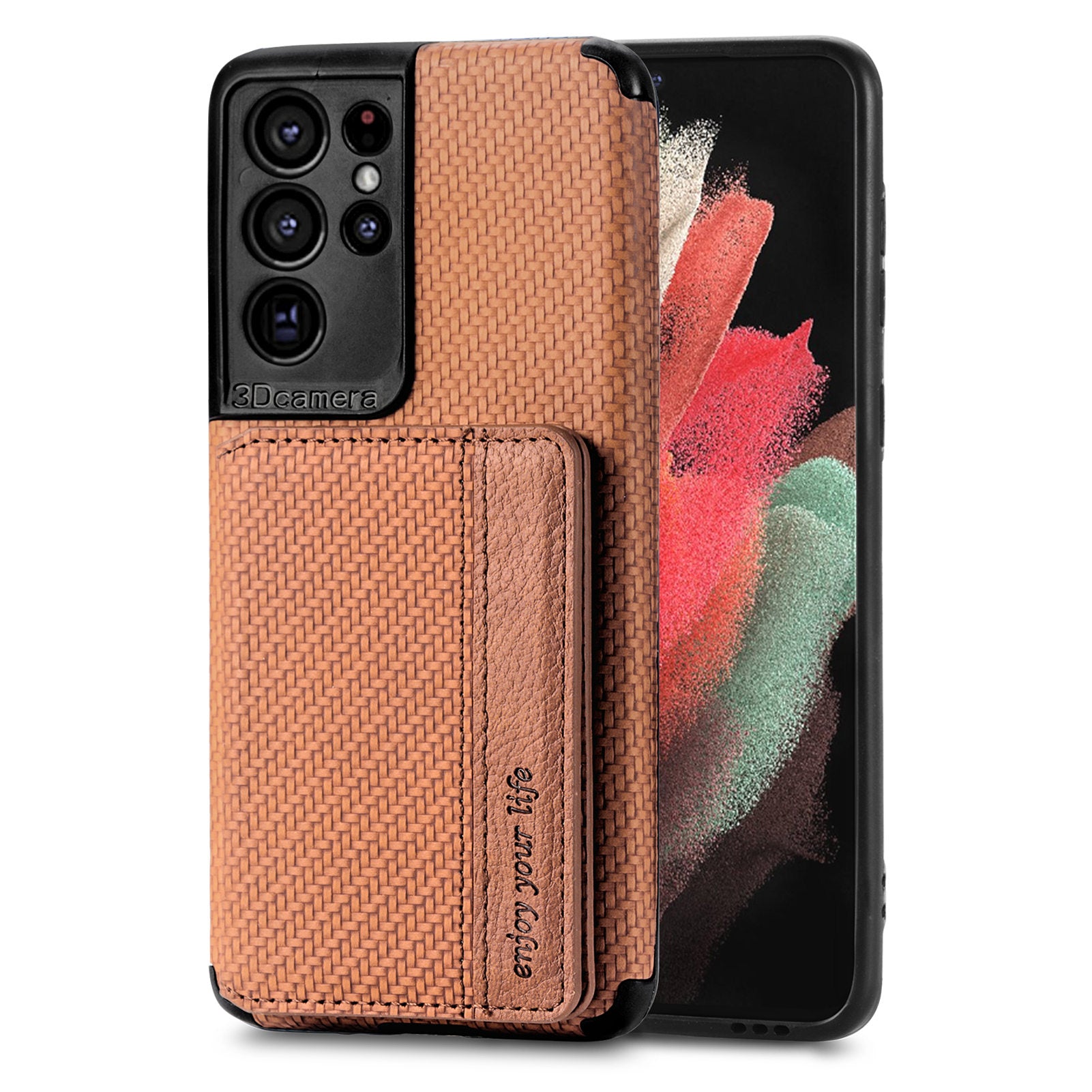 Quality Leather and TPU Phone Case Carbon Fiber Texture Anti-Drop Card Holder Design Built-in Magnet Metal Sheet Phone Cover with Kickstand for 	Samsung Galaxy S20 Ultra - Brown