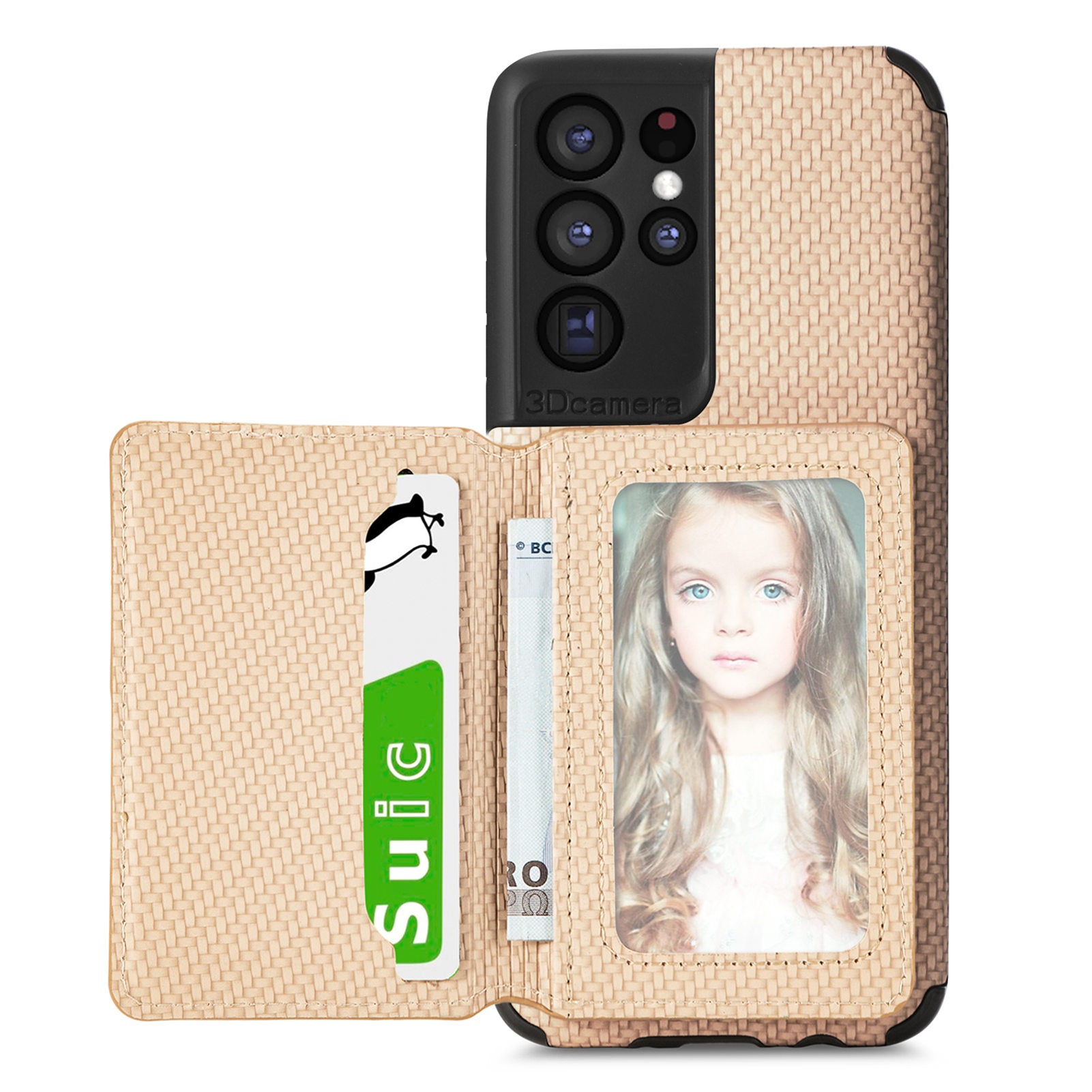 Quality Leather and TPU Phone Case Carbon Fiber Texture Anti-Drop Card Holder Design Built-in Magnet Metal Sheet Phone Cover with Kickstand for 	Samsung Galaxy S20 Ultra - Khaki