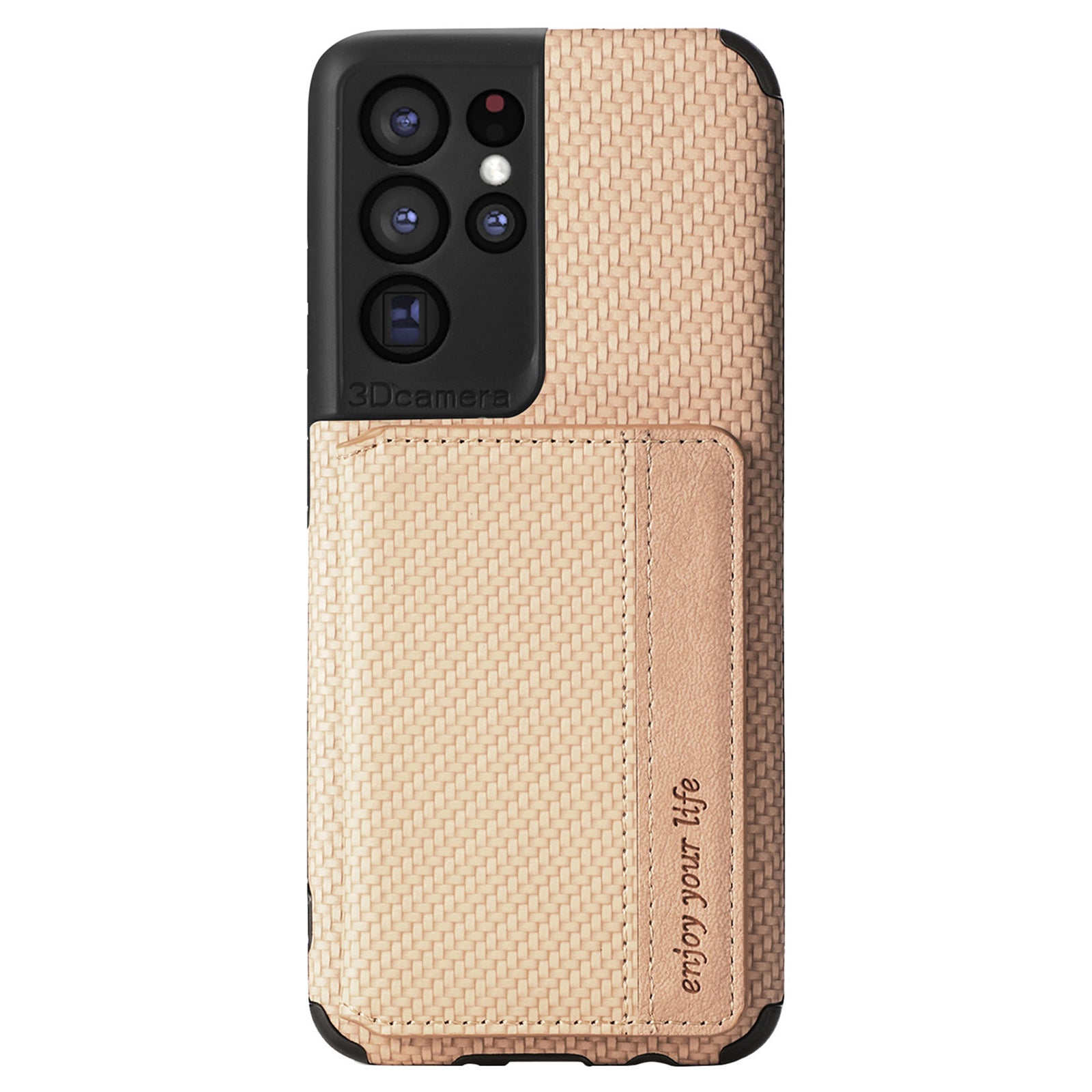 Quality Leather and TPU Phone Case Carbon Fiber Texture Anti-Drop Card Holder Design Built-in Magnet Metal Sheet Phone Cover with Kickstand for 	Samsung Galaxy S20 Ultra - Khaki