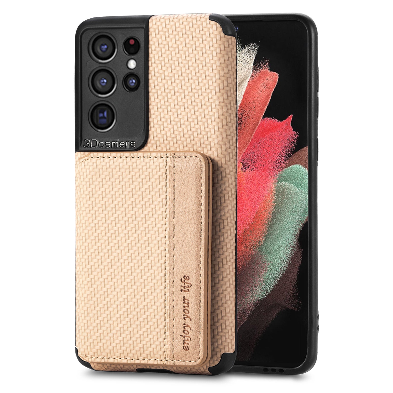 Quality Leather and TPU Phone Case Carbon Fiber Texture Anti-Drop Card Holder Design Built-in Magnet Metal Sheet Phone Cover with Kickstand for 	Samsung Galaxy S20 Ultra - Khaki