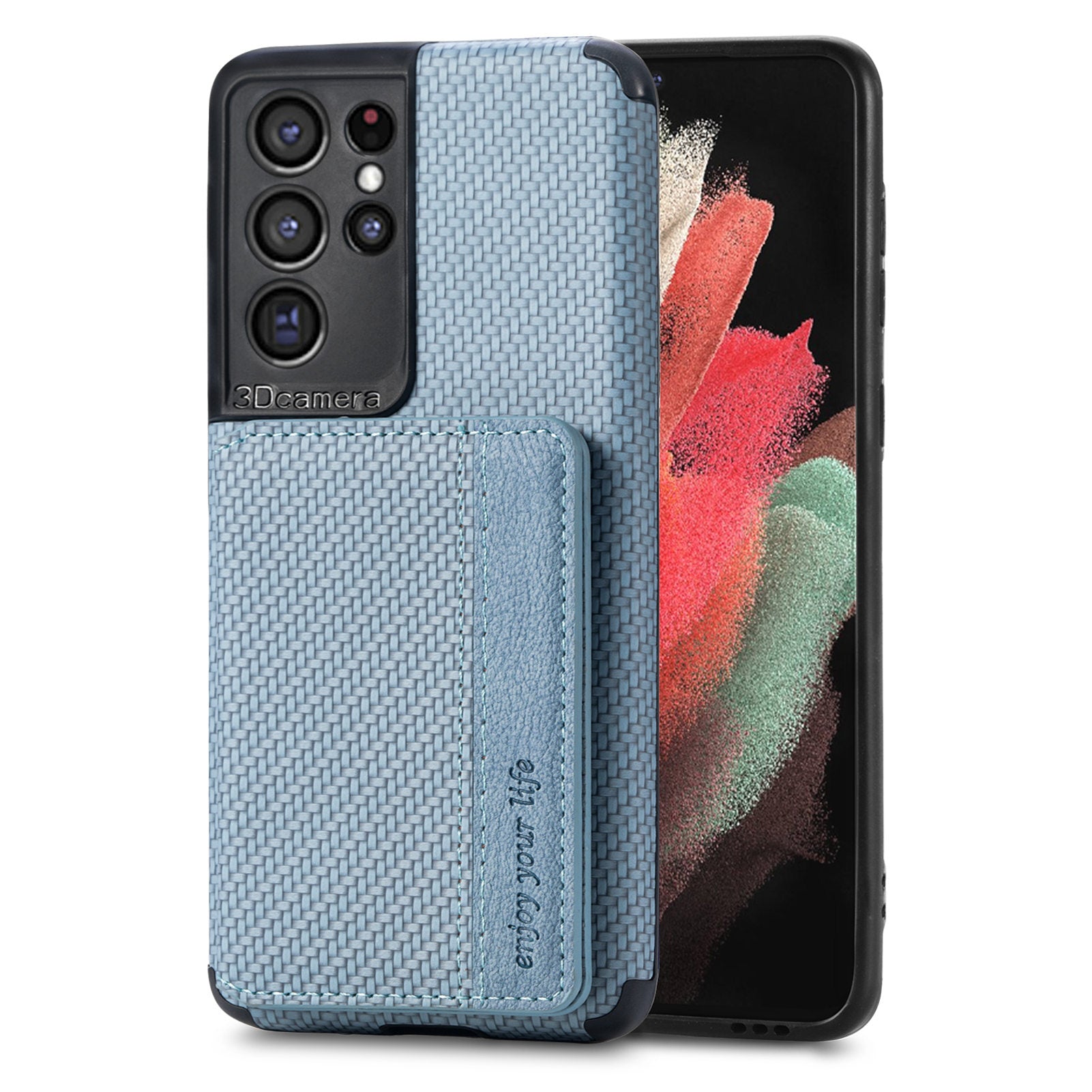 Quality Leather and TPU Phone Case Carbon Fiber Texture Anti-Drop Card Holder Design Built-in Magnet Metal Sheet Phone Cover with Kickstand for 	Samsung Galaxy S20 Ultra - Blue