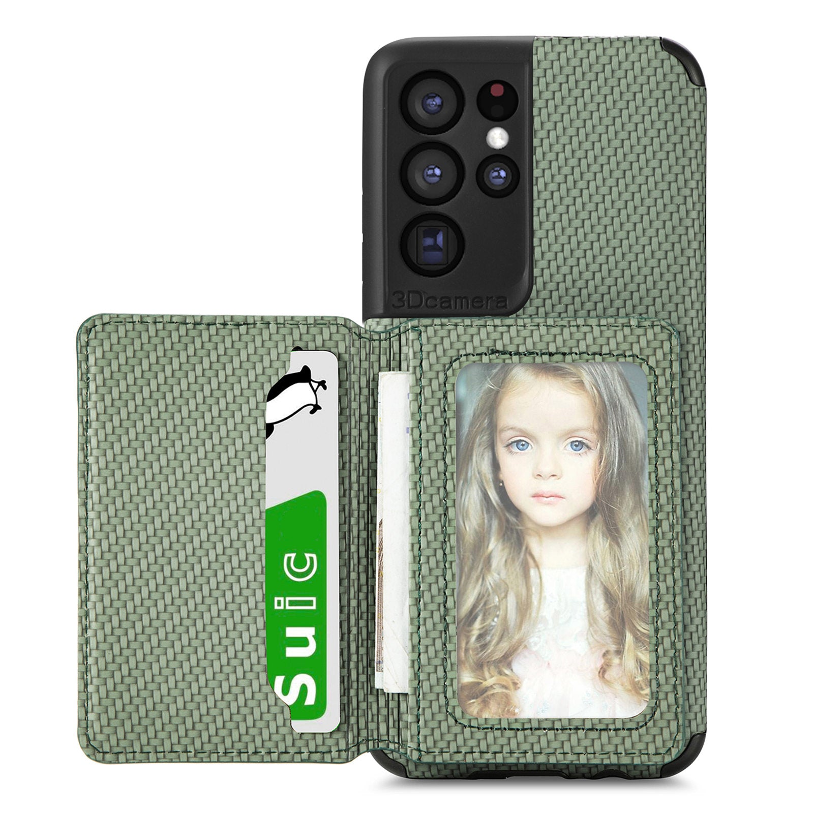 Quality Leather and TPU Phone Case Carbon Fiber Texture Anti-Drop Card Holder Design Built-in Magnet Metal Sheet Phone Cover with Kickstand for 	Samsung Galaxy S20 Ultra - Green