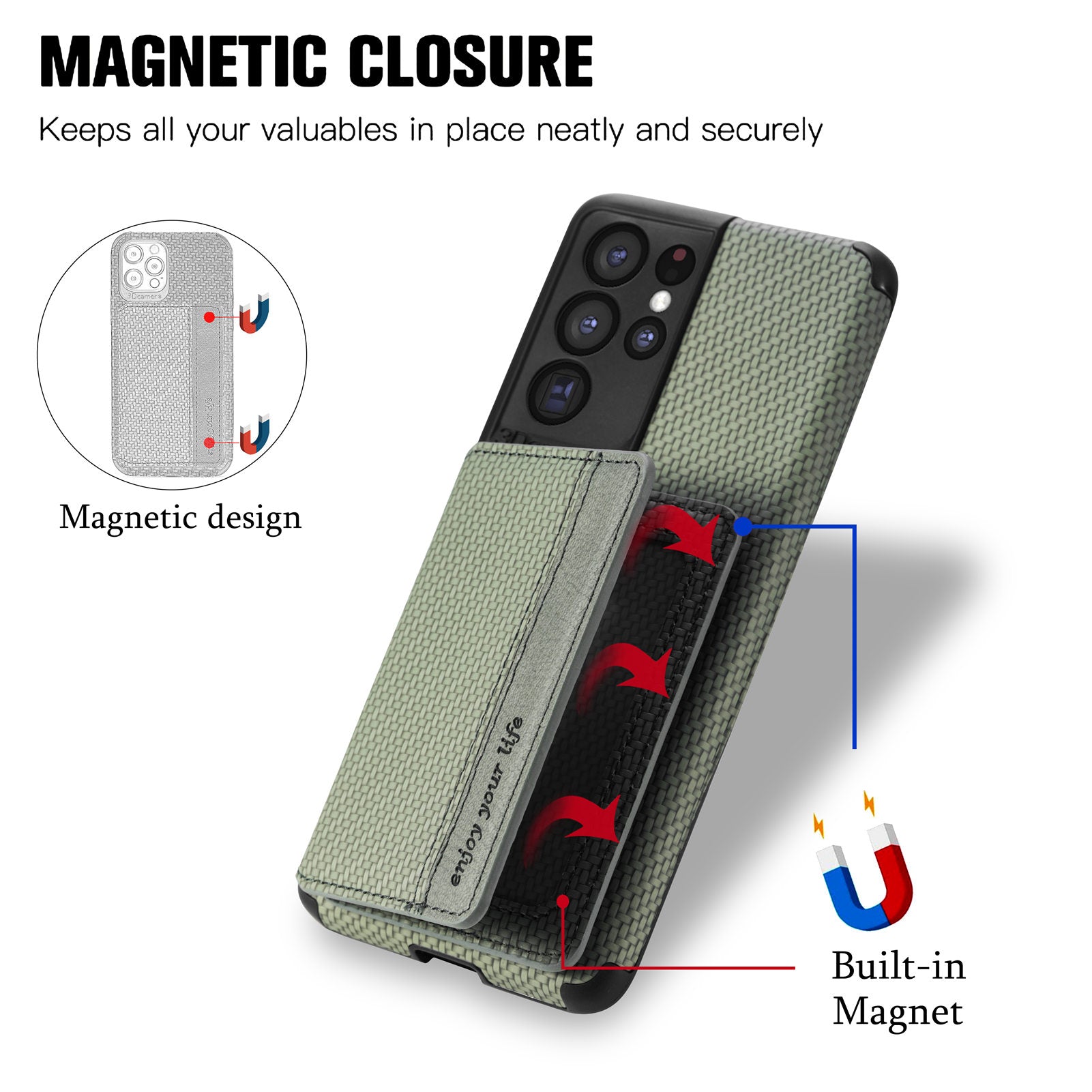 Quality Leather and TPU Phone Case Carbon Fiber Texture Anti-Drop Card Holder Design Built-in Magnet Metal Sheet Phone Cover with Kickstand for 	Samsung Galaxy S20 Ultra - Green