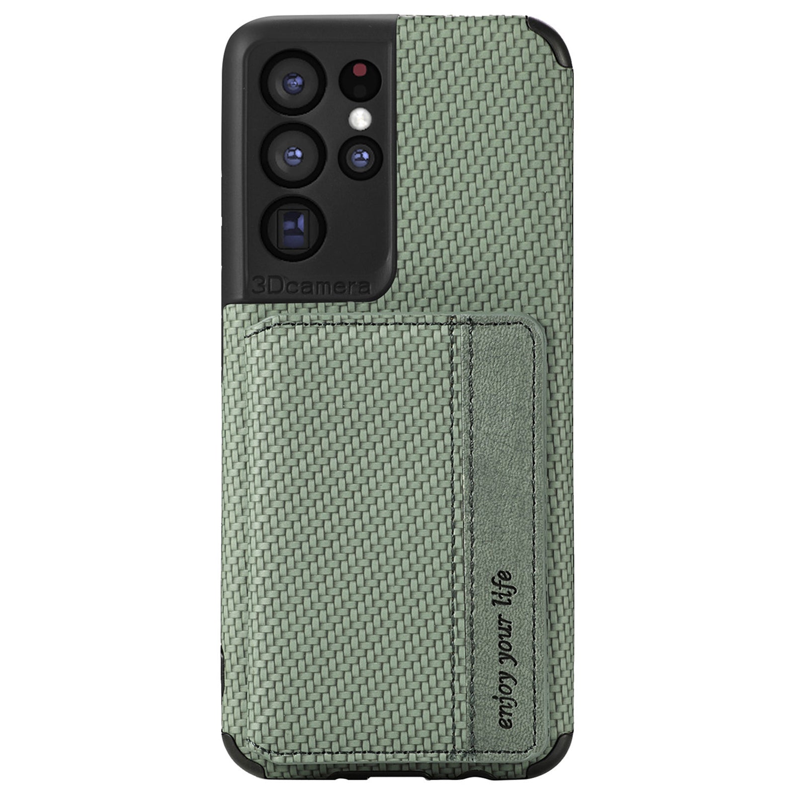 Quality Leather and TPU Phone Case Carbon Fiber Texture Anti-Drop Card Holder Design Built-in Magnet Metal Sheet Phone Cover with Kickstand for 	Samsung Galaxy S20 Ultra - Green