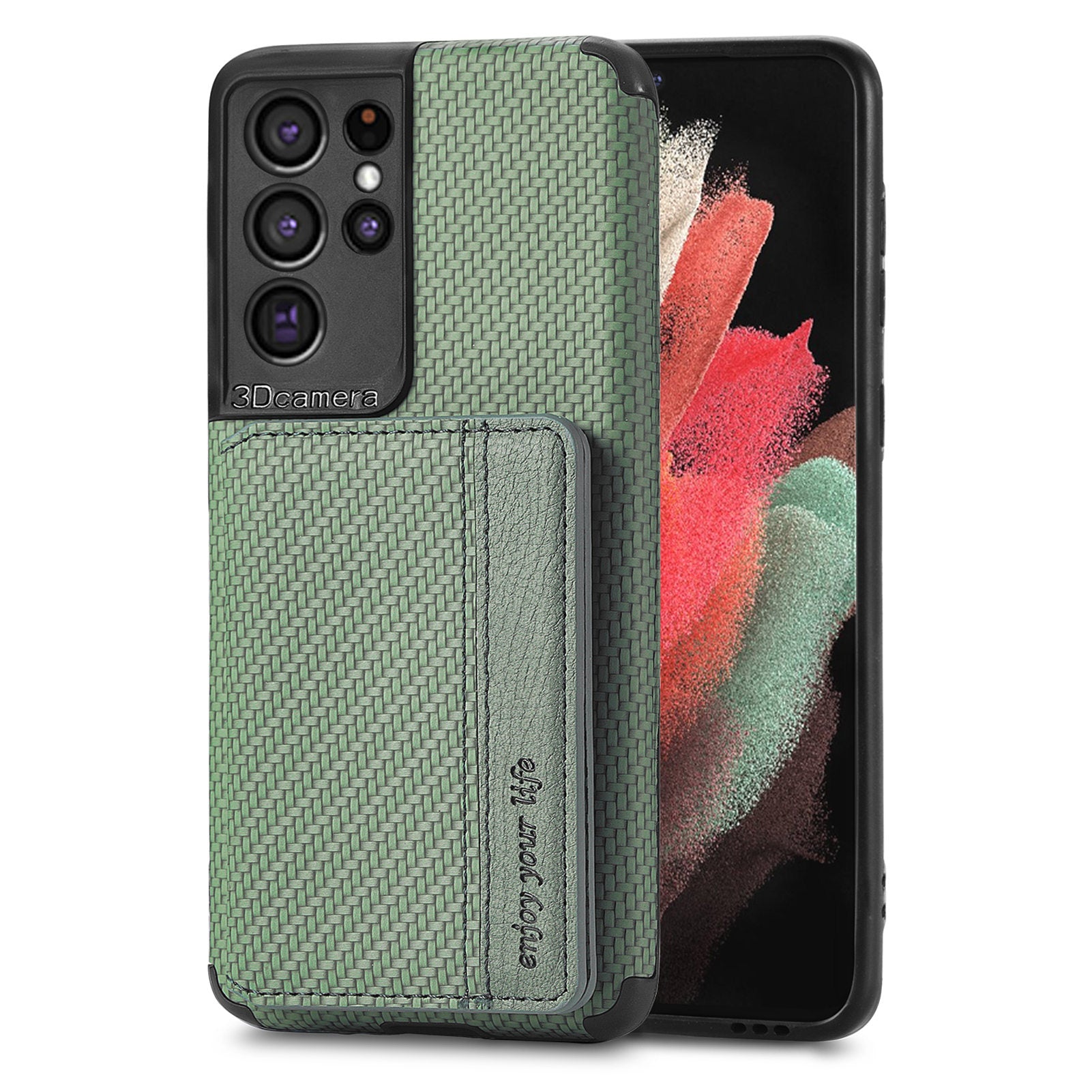 Quality Leather and TPU Phone Case Carbon Fiber Texture Anti-Drop Card Holder Design Built-in Magnet Metal Sheet Phone Cover with Kickstand for 	Samsung Galaxy S20 Ultra - Green