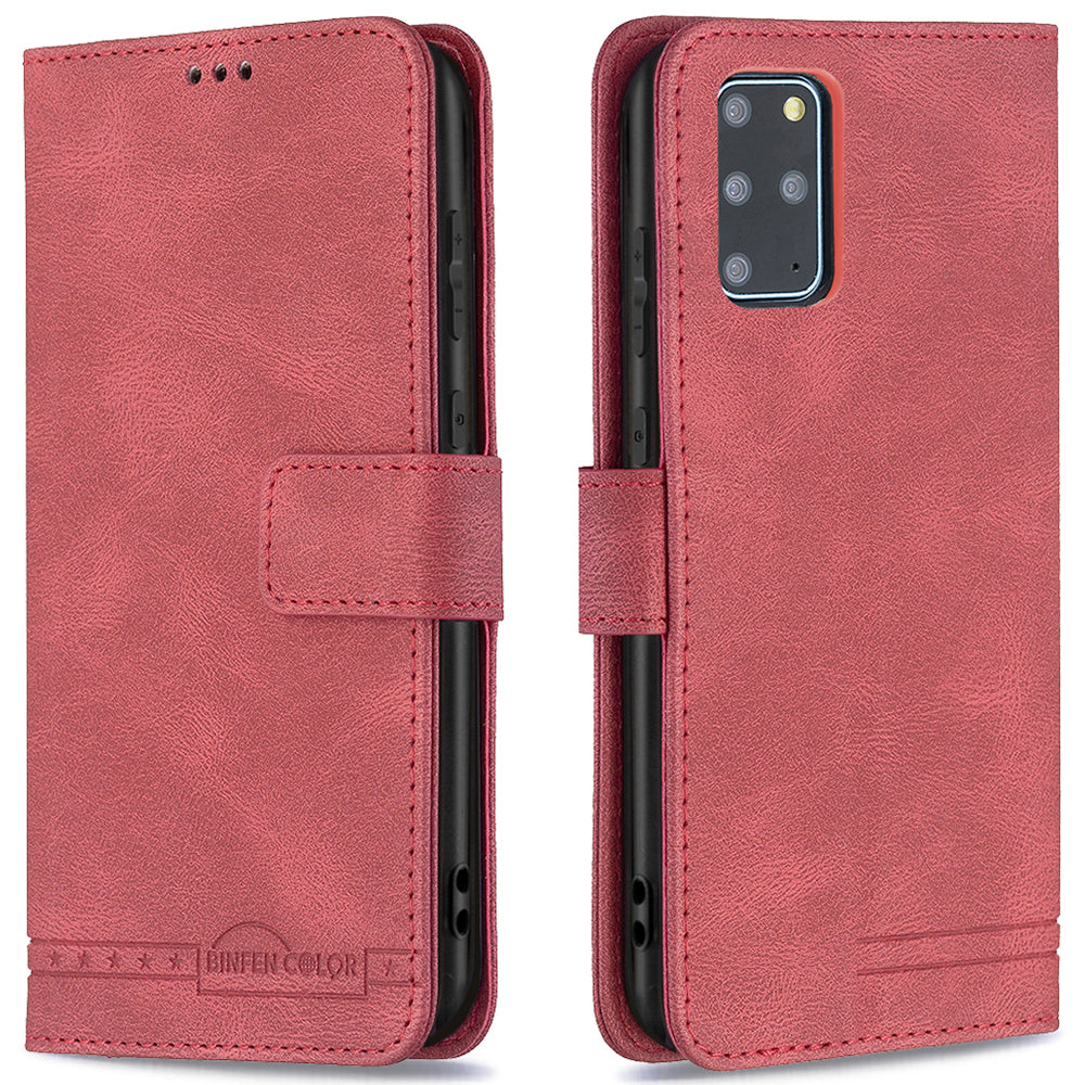 BINFEN COLOR Privacy Protection Design RFID Blocking Stand Shell Wallet Phone Case Phone Cover for Samsung Galaxy S20 Plus 4G/5G - Red