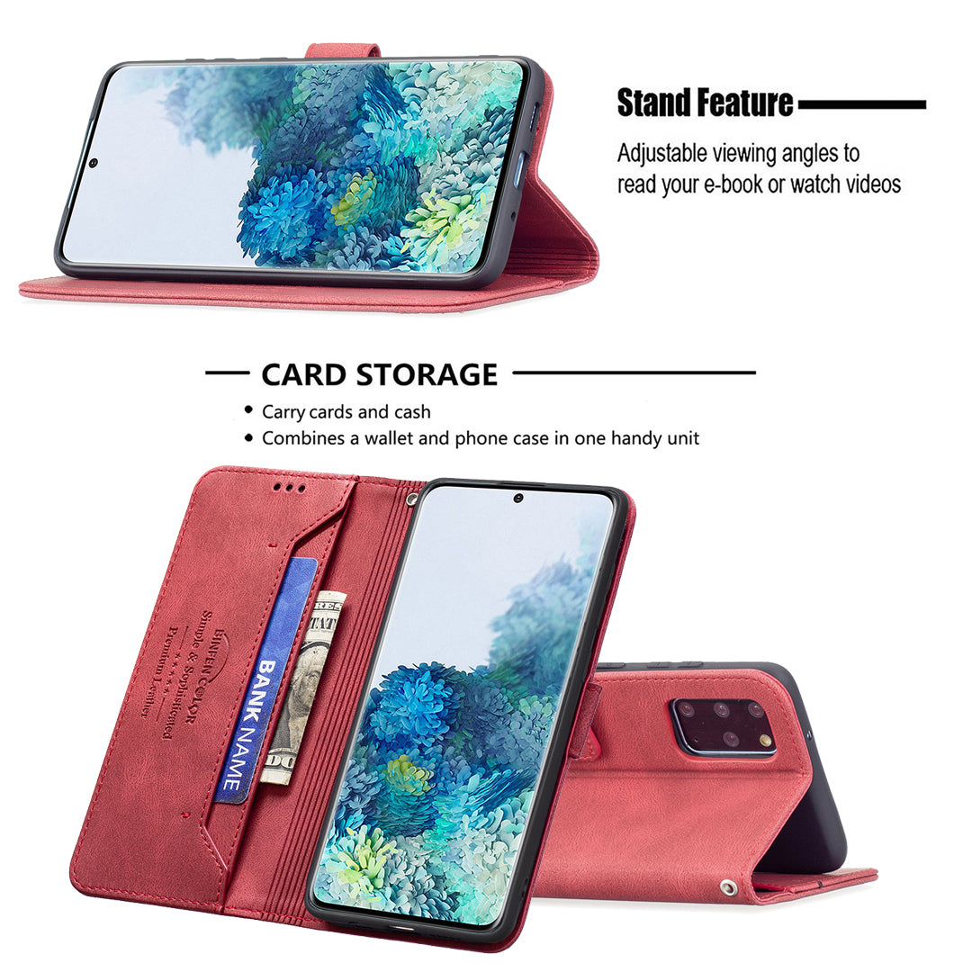 BINFEN COLOR Privacy Protection Design RFID Blocking Stand Shell Wallet Phone Case Phone Cover for Samsung Galaxy S20 Plus 4G/5G - Red