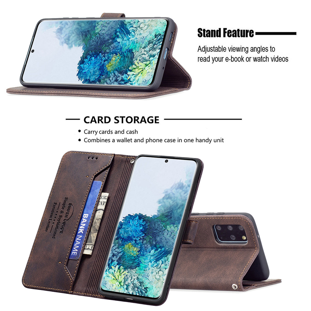 BINFEN COLOR Privacy Protection Design RFID Blocking Stand Shell Wallet Phone Case Phone Cover for Samsung Galaxy S20 Plus 4G/5G - Brown