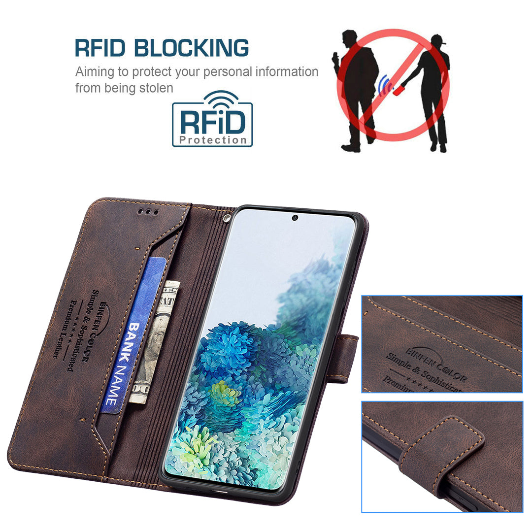 BINFEN COLOR Privacy Protection Design RFID Blocking Stand Shell Wallet Phone Case Phone Cover for Samsung Galaxy S20 Plus 4G/5G - Brown