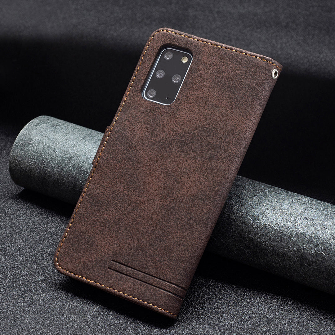 BINFEN COLOR Privacy Protection Design RFID Blocking Stand Shell Wallet Phone Case Phone Cover for Samsung Galaxy S20 Plus 4G/5G - Brown