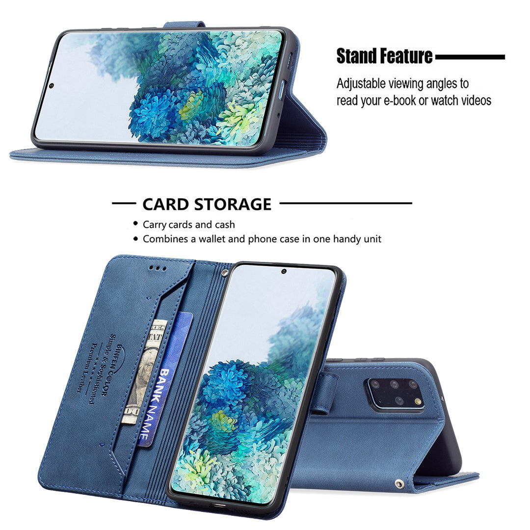 BINFEN COLOR Privacy Protection Design RFID Blocking Stand Shell Wallet Phone Case Phone Cover for Samsung Galaxy S20 Plus 4G/5G - Blue