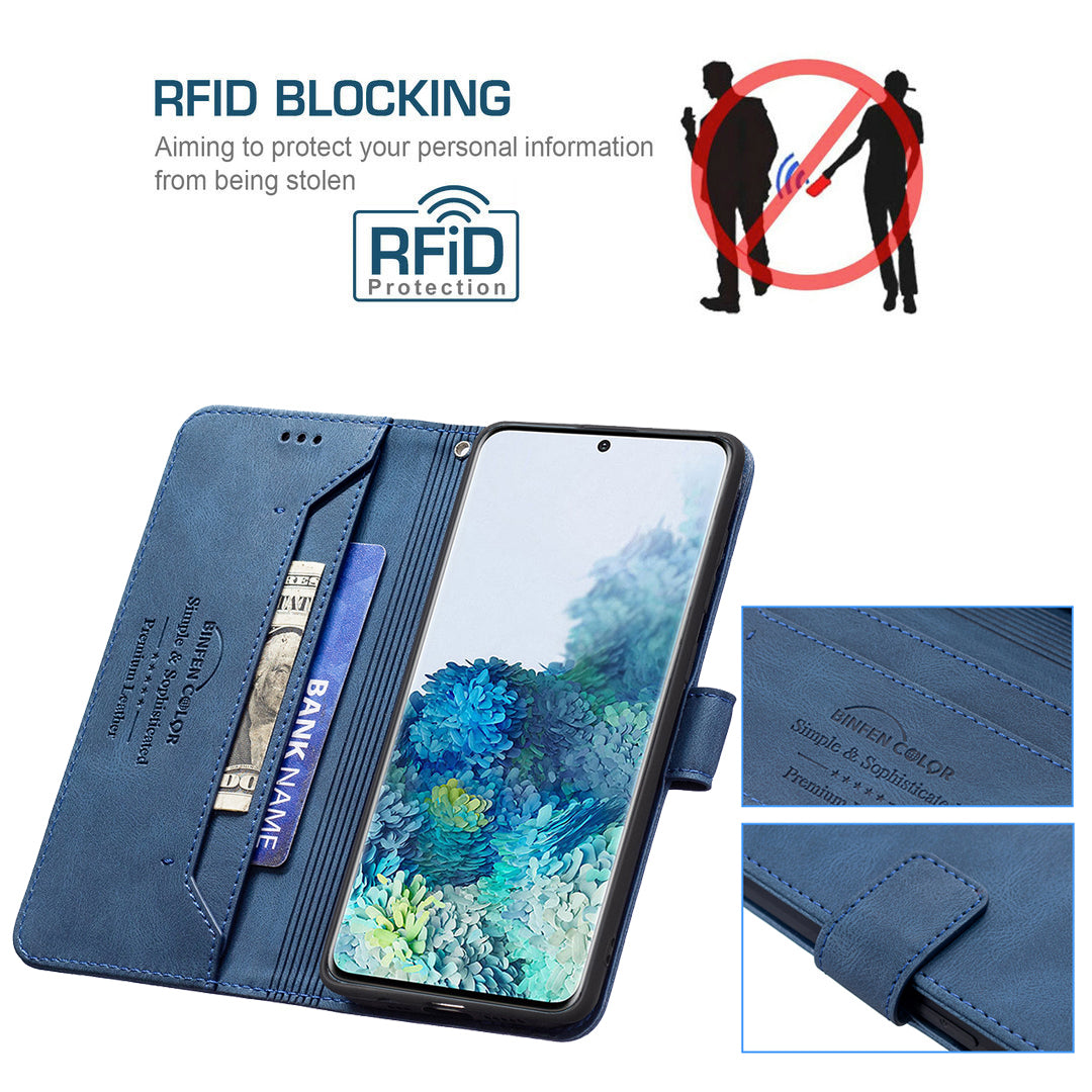 BINFEN COLOR Privacy Protection Design RFID Blocking Stand Shell Wallet Phone Case Phone Cover for Samsung Galaxy S20 Plus 4G/5G - Blue