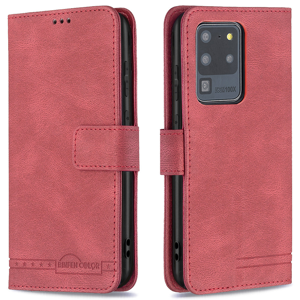 BINFEN COLOR BF09 RFID Blocking PU Leather Wallet Stand Protective Phone Case Cover for Samsung Galaxy S20 Ultra - Red