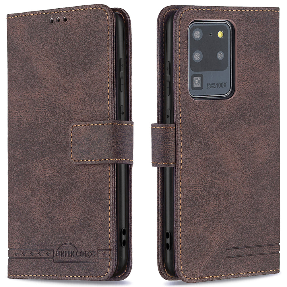 BINFEN COLOR BF09 RFID Blocking PU Leather Wallet Stand Protective Phone Case Cover for Samsung Galaxy S20 Ultra - Brown