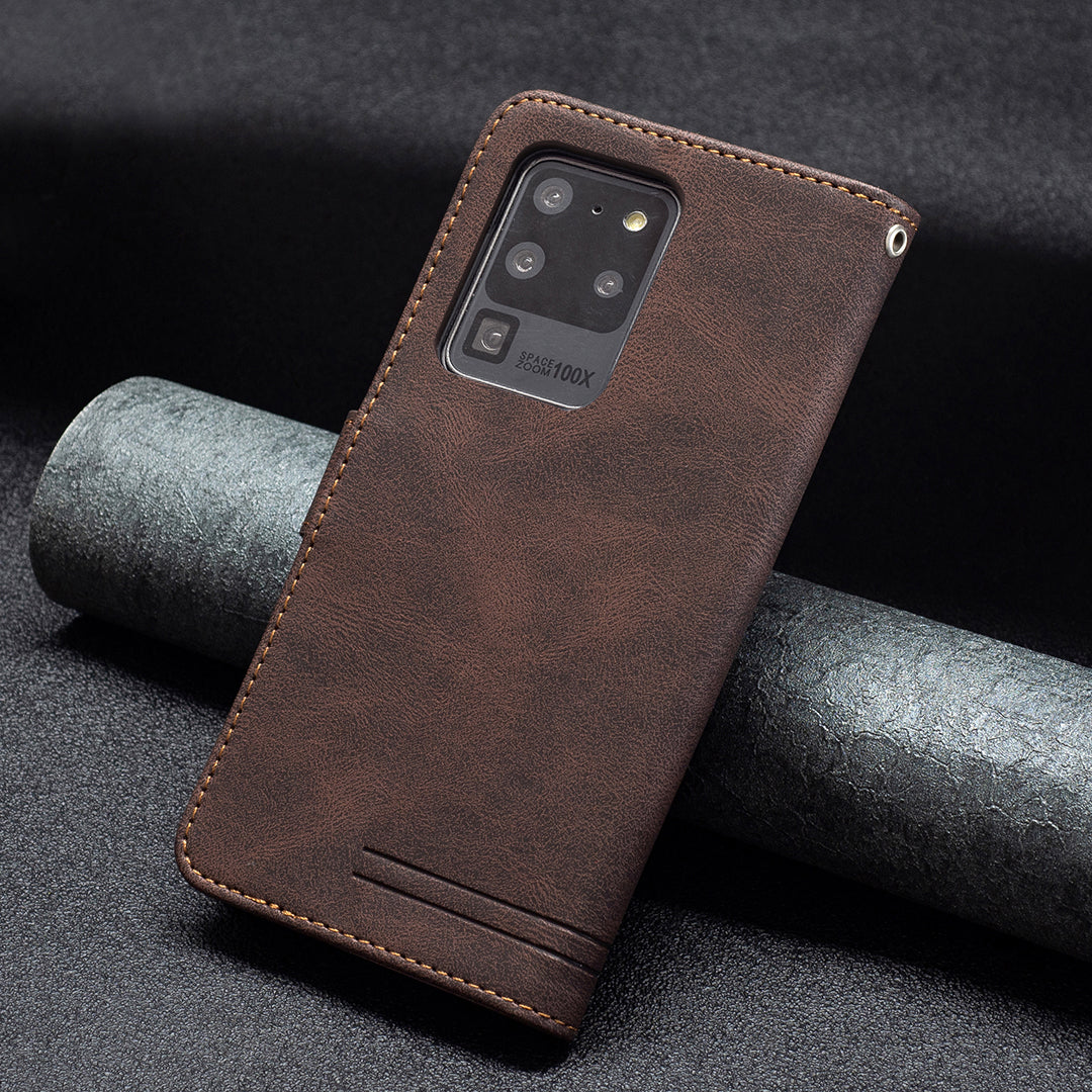 BINFEN COLOR BF09 RFID Blocking PU Leather Wallet Stand Protective Phone Case Cover for Samsung Galaxy S20 Ultra - Brown