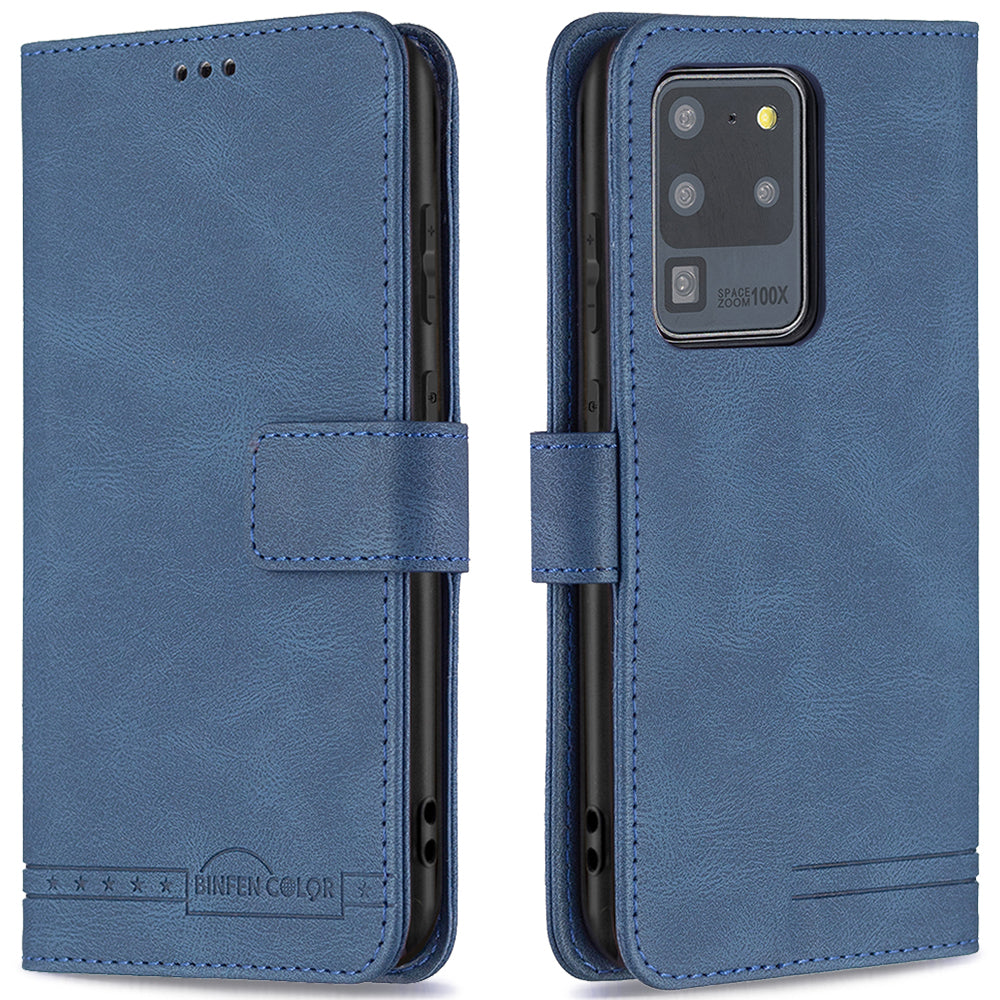 BINFEN COLOR BF09 RFID Blocking PU Leather Wallet Stand Protective Phone Case Cover for Samsung Galaxy S20 Ultra - Blue