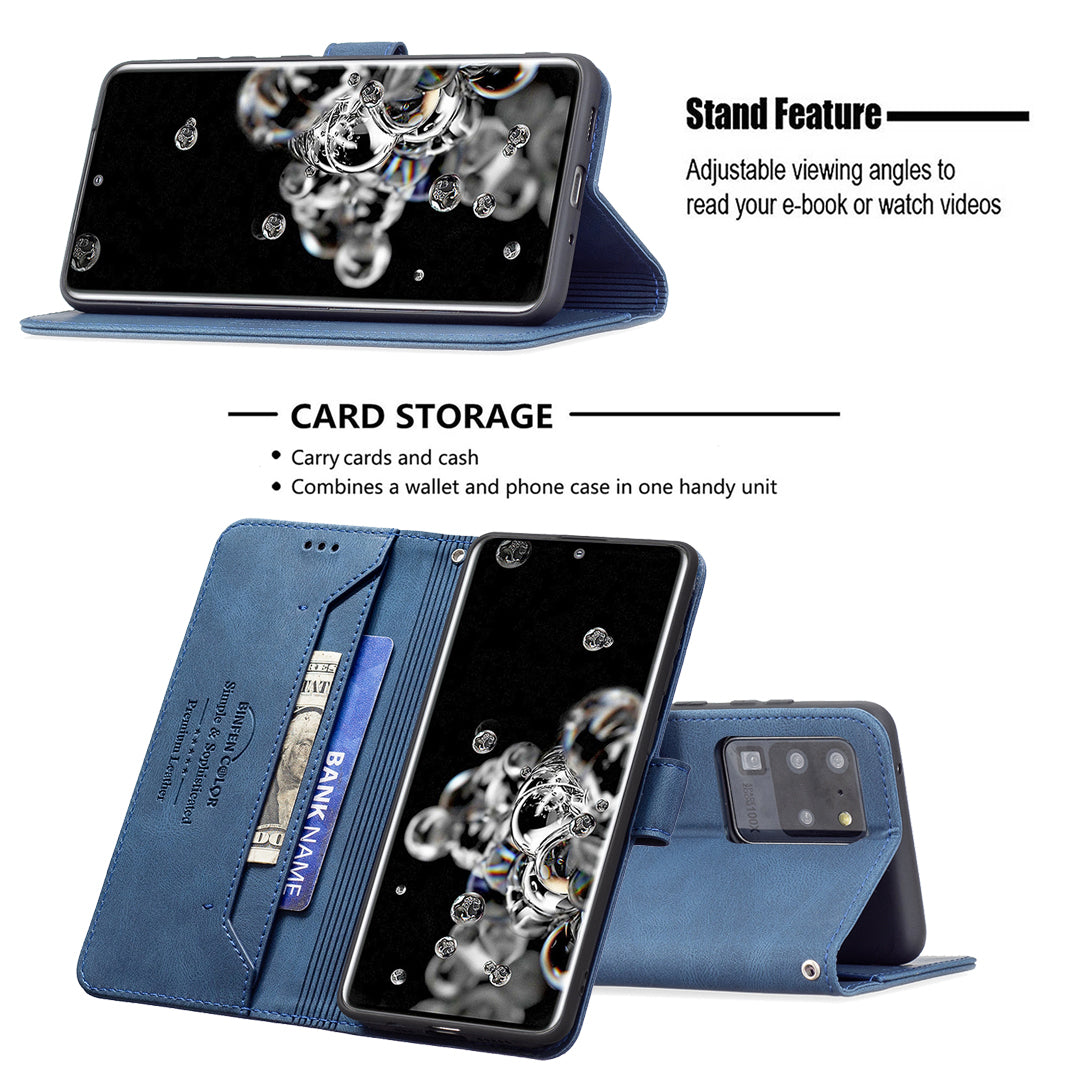 BINFEN COLOR BF09 RFID Blocking PU Leather Wallet Stand Protective Phone Case Cover for Samsung Galaxy S20 Ultra - Blue