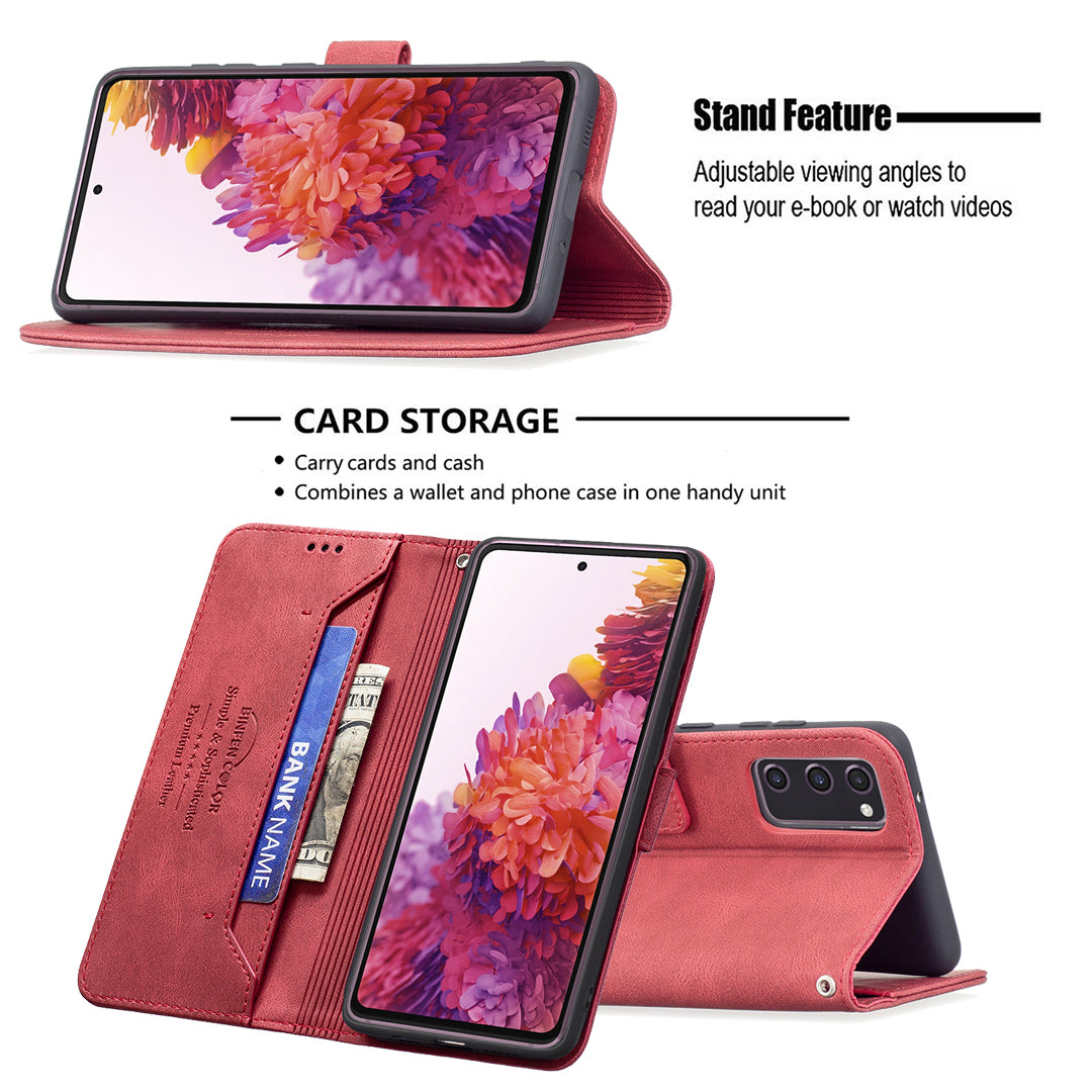 BINFEN COLOR BF09 Wallet Stand Design RFID Blocking Anti-swiping Leather Phone Case Cover for Samsung Galaxy S20 FE/S20 FE 5G/S20 Lite/S20 FE 2022 - Red