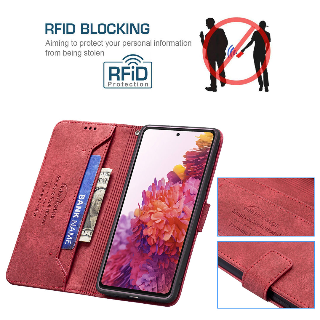 BINFEN COLOR BF09 Wallet Stand Design RFID Blocking Anti-swiping Leather Phone Case Cover for Samsung Galaxy S20 FE/S20 FE 5G/S20 Lite/S20 FE 2022 - Red