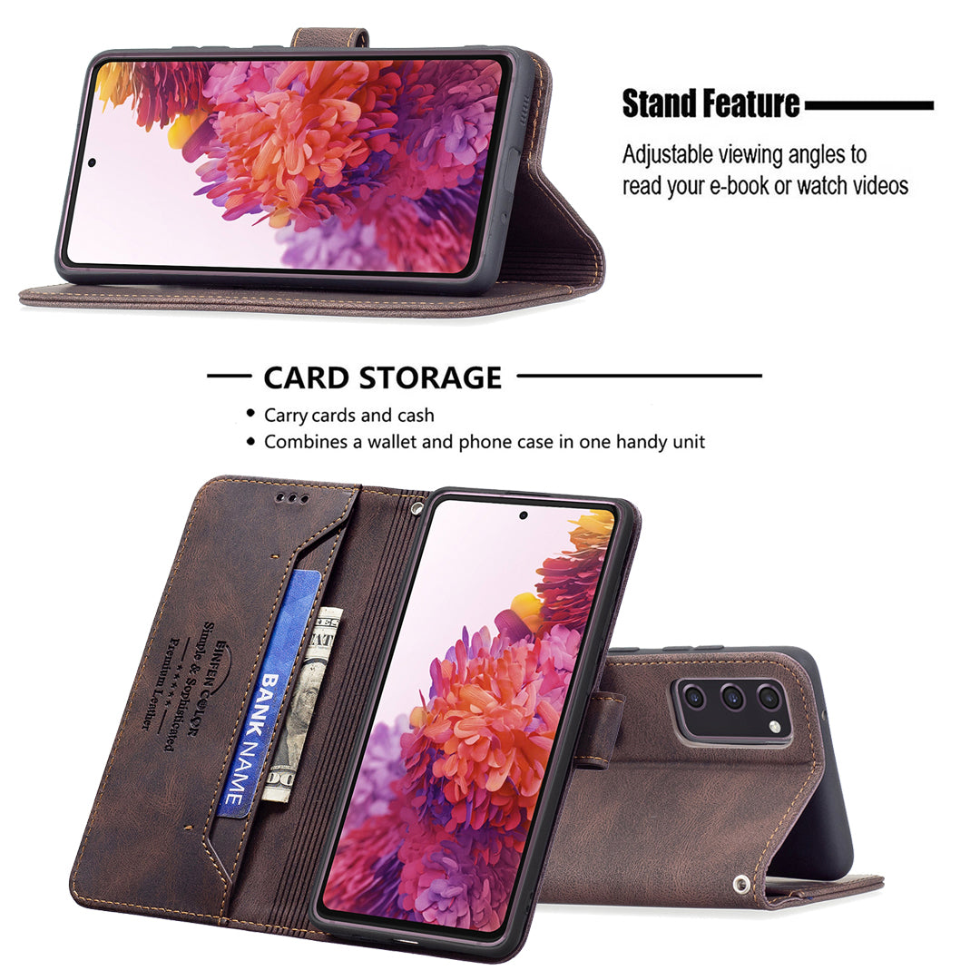 BINFEN COLOR BF09 Wallet Stand Design RFID Blocking Anti-swiping Leather Phone Case Cover for Samsung Galaxy S20 FE/S20 FE 5G/S20 Lite/S20 FE 2022 - Brown