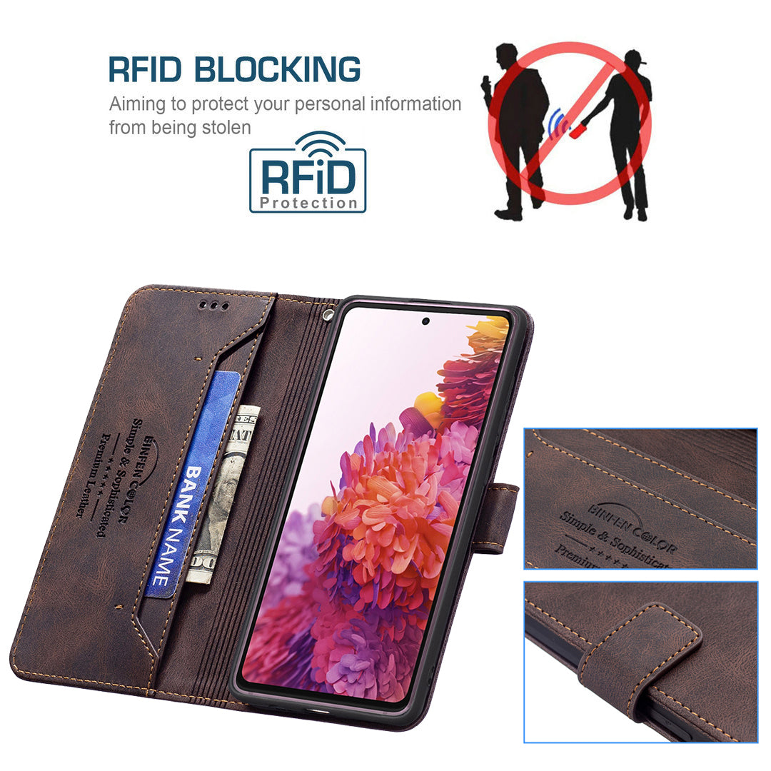 BINFEN COLOR BF09 Wallet Stand Design RFID Blocking Anti-swiping Leather Phone Case Cover for Samsung Galaxy S20 FE/S20 FE 5G/S20 Lite/S20 FE 2022 - Brown