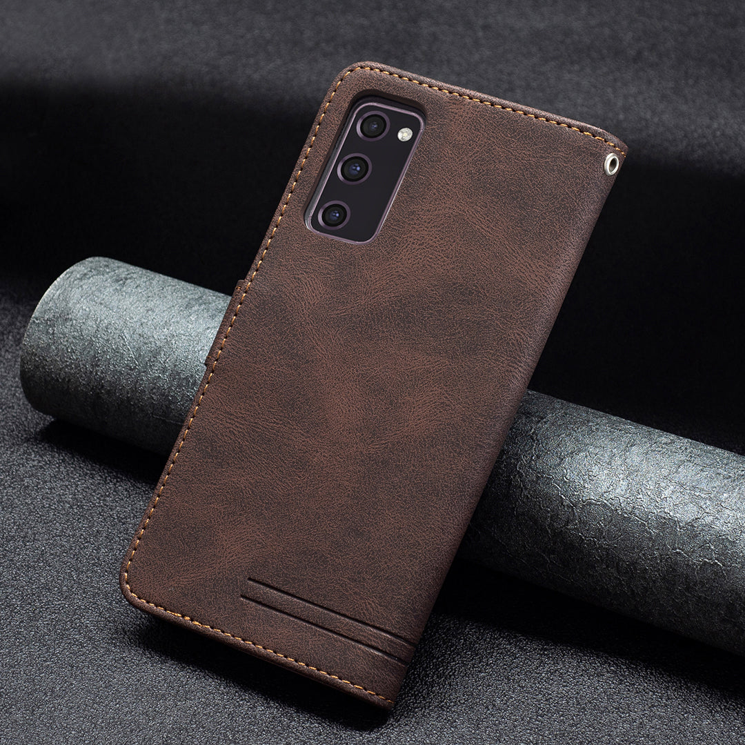 BINFEN COLOR BF09 Wallet Stand Design RFID Blocking Anti-swiping Leather Phone Case Cover for Samsung Galaxy S20 FE/S20 FE 5G/S20 Lite/S20 FE 2022 - Brown