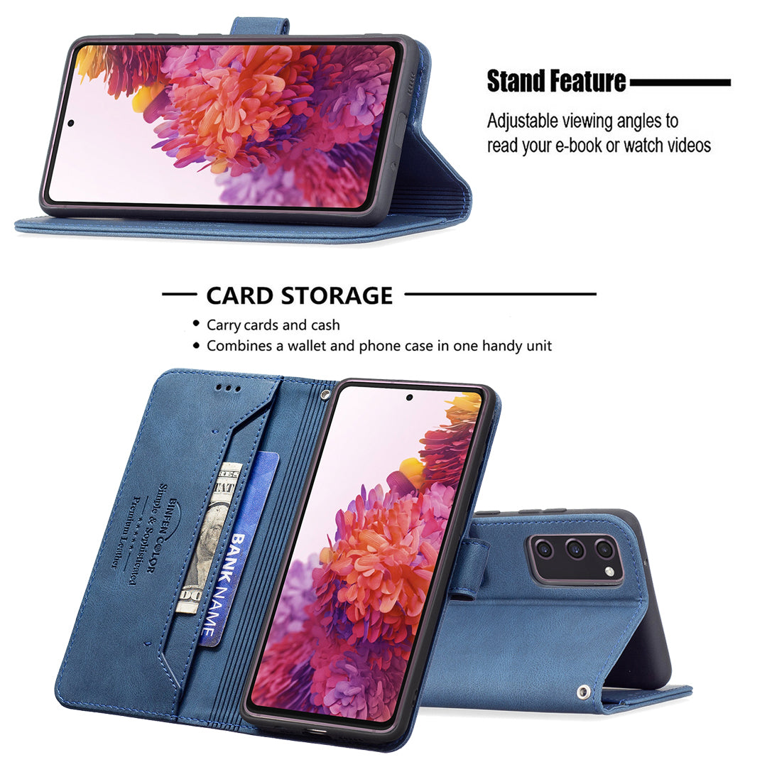 BINFEN COLOR BF09 Wallet Stand Design RFID Blocking Anti-swiping Leather Phone Case Cover for Samsung Galaxy S20 FE/S20 FE 5G/S20 Lite/S20 FE 2022 - Blue