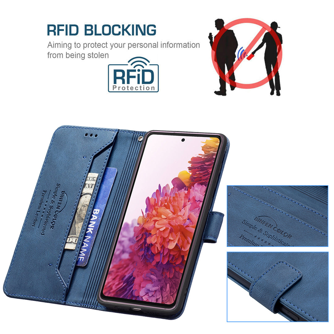 BINFEN COLOR BF09 Wallet Stand Design RFID Blocking Anti-swiping Leather Phone Case Cover for Samsung Galaxy S20 FE/S20 FE 5G/S20 Lite/S20 FE 2022 - Blue