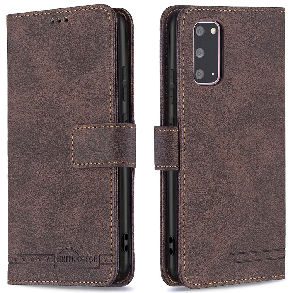 BINFEN COLOR BF09 RFID Blocking Anti-swiping Full Protection Leather Phone Wallet Case Stand Cover for Samsung Galaxy S20 4G/S20 5G - Brown