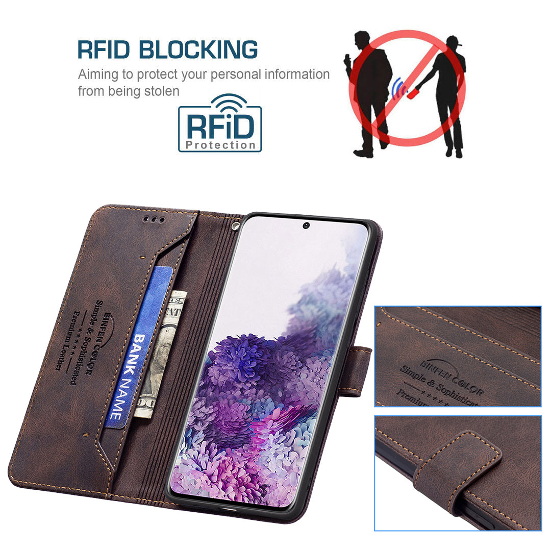 BINFEN COLOR BF09 RFID Blocking Anti-swiping Full Protection Leather Phone Wallet Case Stand Cover for Samsung Galaxy S20 4G/S20 5G - Brown