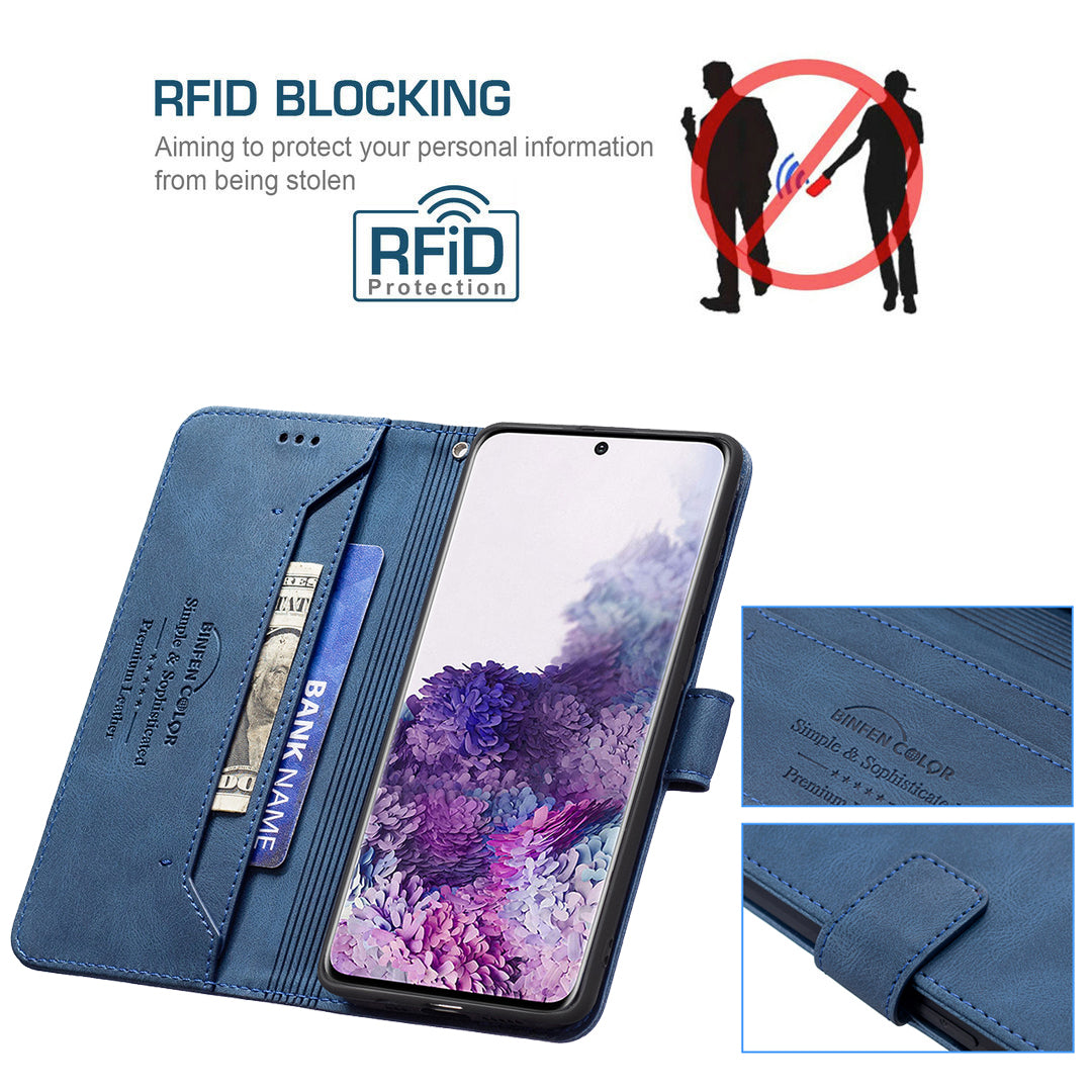 BINFEN COLOR BF09 RFID Blocking Anti-swiping Full Protection Leather Phone Wallet Case Stand Cover for Samsung Galaxy S20 4G/S20 5G - Blue