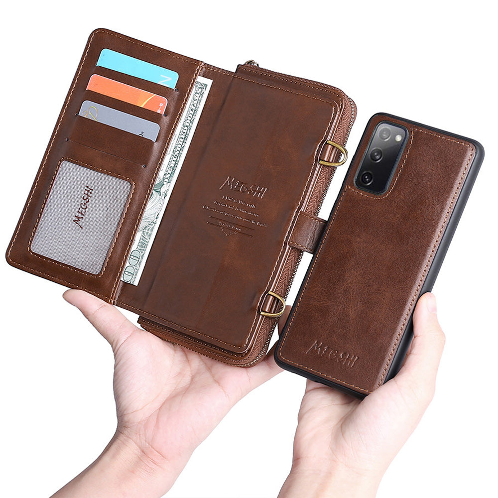 MEGSHI 020 Series Scratch-resistant Magnetic Detachable Design Shockproof PU Leather TPU Wallet Cover Shoulder Bag for Samsung Galaxy S20 FE 2022/S20 FE/S20 FE 5G/S20 Lite - Brown