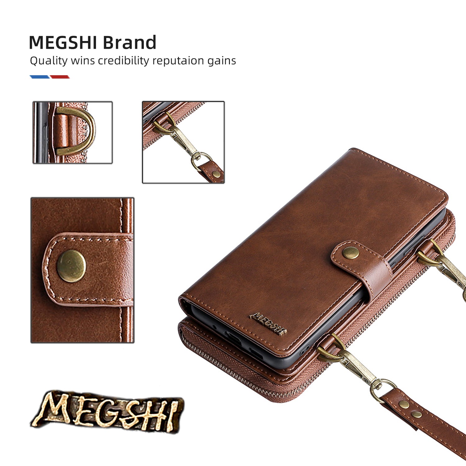 MEGSHI 020 Series Scratch-resistant Magnetic Detachable Design Shockproof PU Leather TPU Wallet Cover Shoulder Bag for Samsung Galaxy S20 FE 2022/S20 FE/S20 FE 5G/S20 Lite - Brown