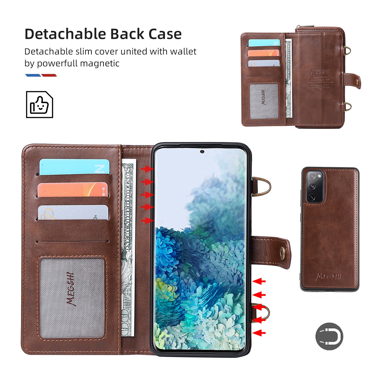 MEGSHI 020 Series Scratch-resistant Magnetic Detachable Design Shockproof PU Leather TPU Wallet Cover Shoulder Bag for Samsung Galaxy S20 FE 2022/S20 FE/S20 FE 5G/S20 Lite - Brown