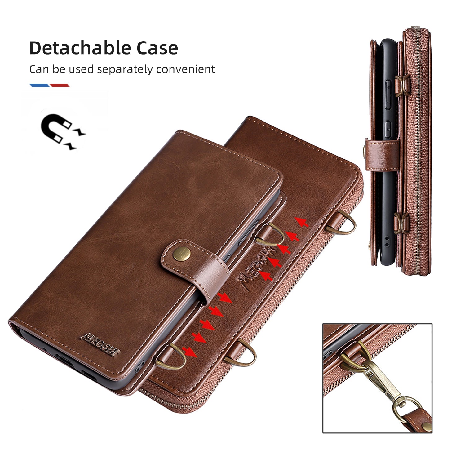 MEGSHI 020 Series Scratch-resistant Magnetic Detachable Design Shockproof PU Leather TPU Wallet Cover Shoulder Bag for Samsung Galaxy S20 FE 2022/S20 FE/S20 FE 5G/S20 Lite - Brown