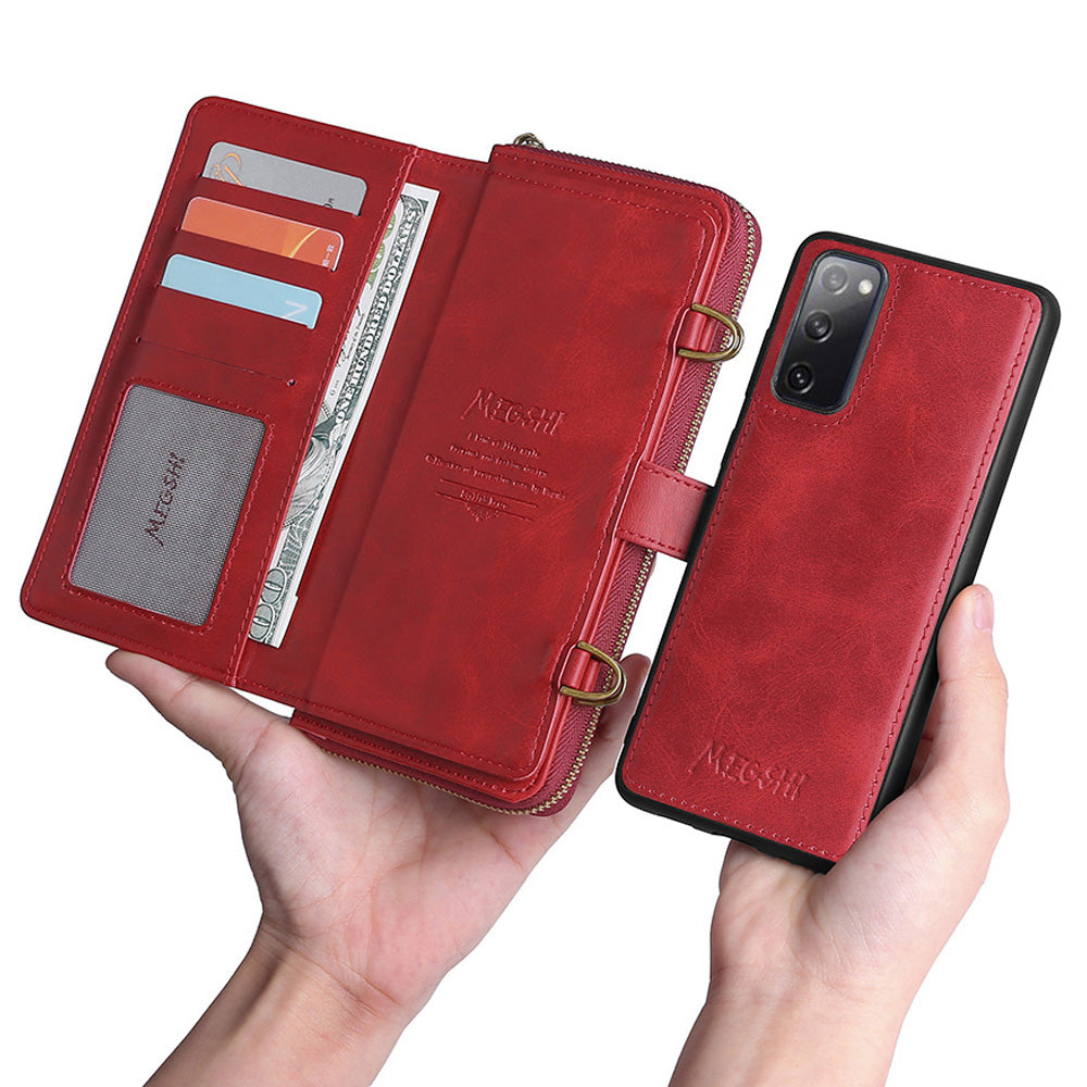 MEGSHI 020 Series Scratch-resistant Magnetic Detachable Design Shockproof PU Leather TPU Wallet Cover Shoulder Bag for Samsung Galaxy S20 FE 2022/S20 FE/S20 FE 5G/S20 Lite - Red