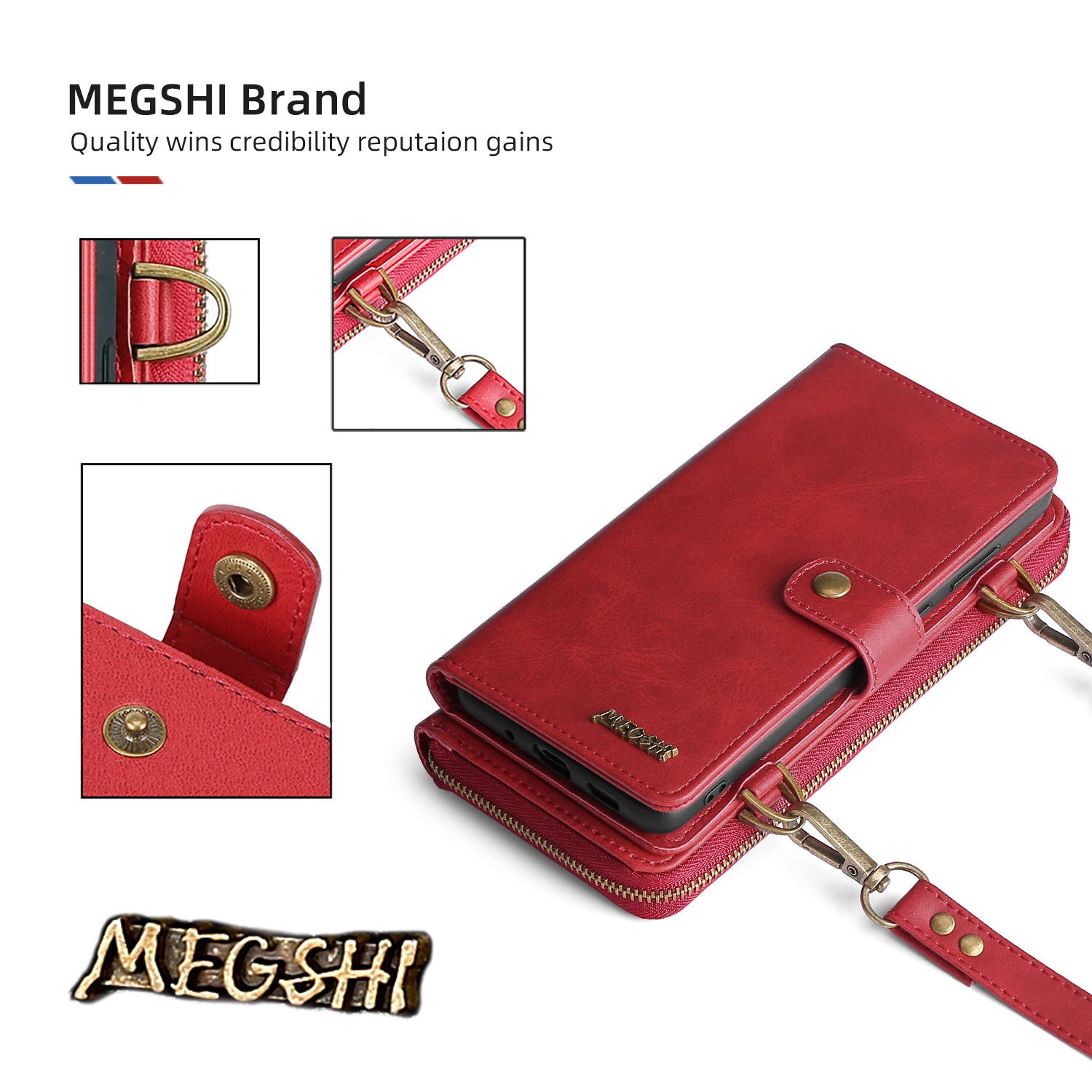 MEGSHI 020 Series Scratch-resistant Magnetic Detachable Design Shockproof PU Leather TPU Wallet Cover Shoulder Bag for Samsung Galaxy S20 FE 2022/S20 FE/S20 FE 5G/S20 Lite - Red