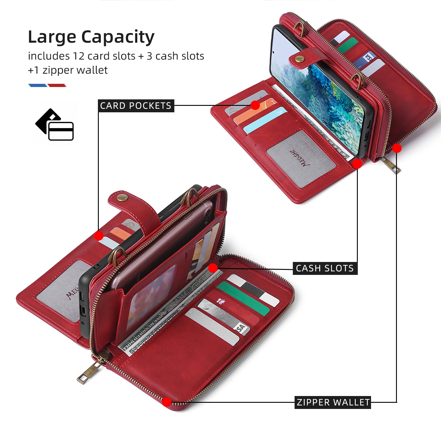 MEGSHI 020 Series Scratch-resistant Magnetic Detachable Design Shockproof PU Leather TPU Wallet Cover Shoulder Bag for Samsung Galaxy S20 FE 2022/S20 FE/S20 FE 5G/S20 Lite - Red