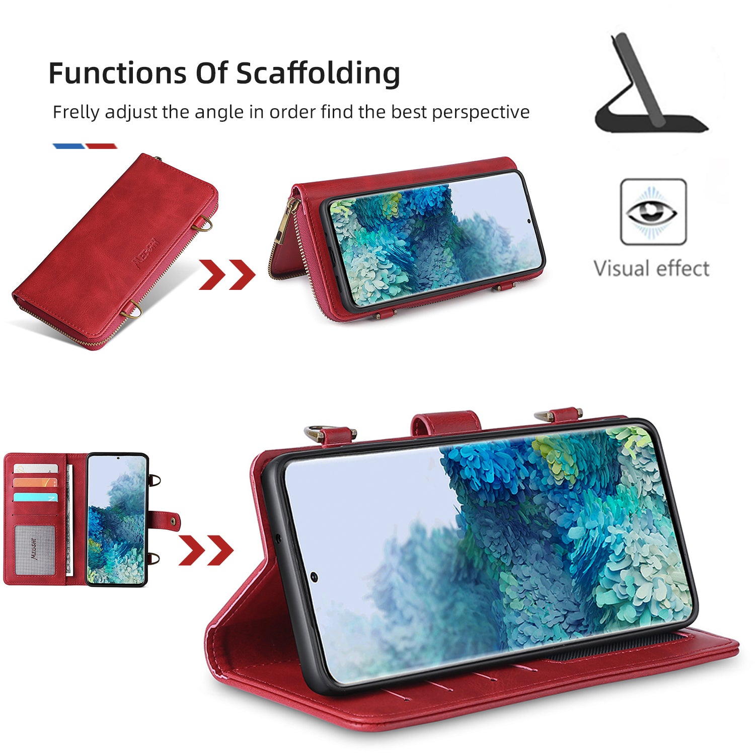 MEGSHI 020 Series Scratch-resistant Magnetic Detachable Design Shockproof PU Leather TPU Wallet Cover Shoulder Bag for Samsung Galaxy S20 FE 2022/S20 FE/S20 FE 5G/S20 Lite - Red