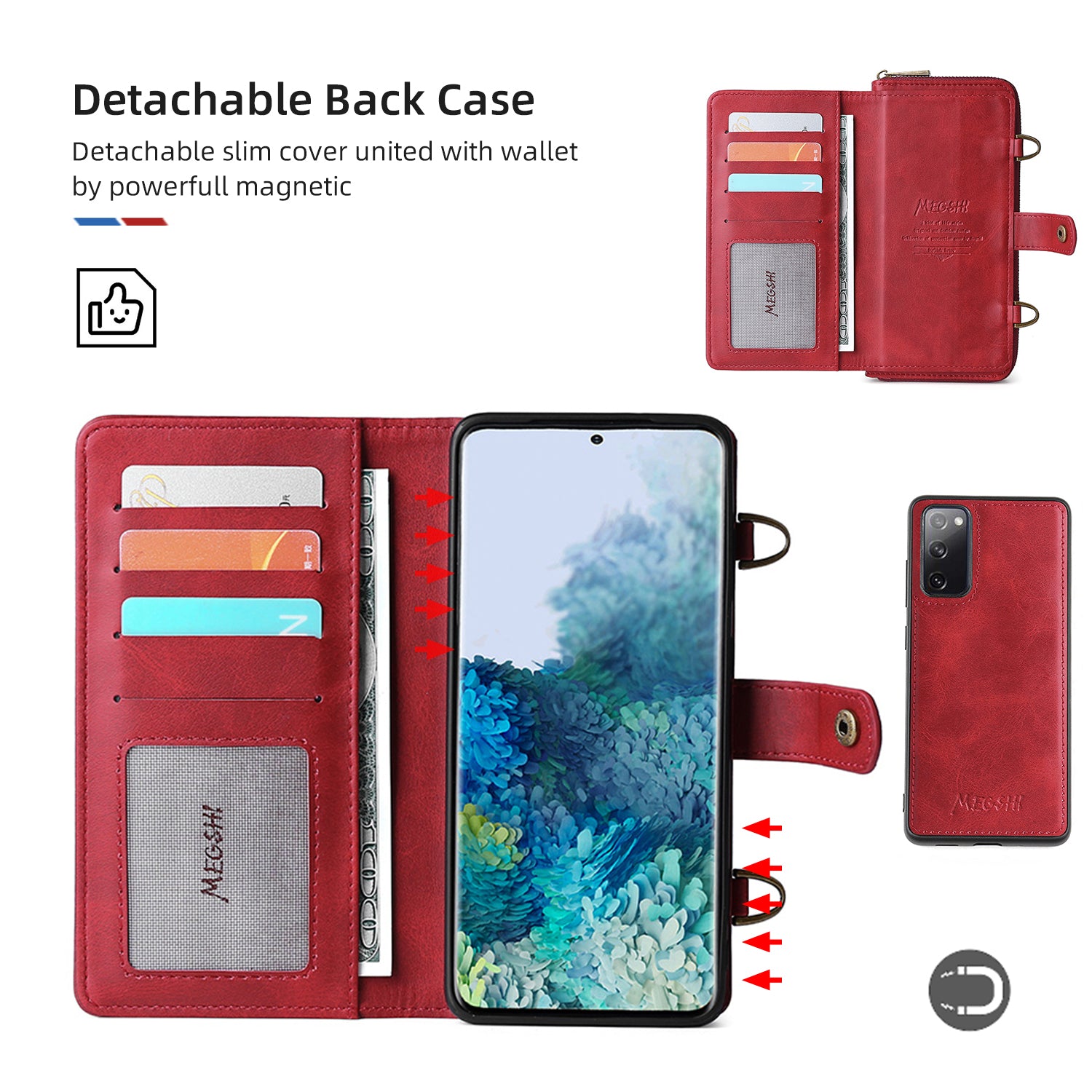 MEGSHI 020 Series Scratch-resistant Magnetic Detachable Design Shockproof PU Leather TPU Wallet Cover Shoulder Bag for Samsung Galaxy S20 FE 2022/S20 FE/S20 FE 5G/S20 Lite - Red