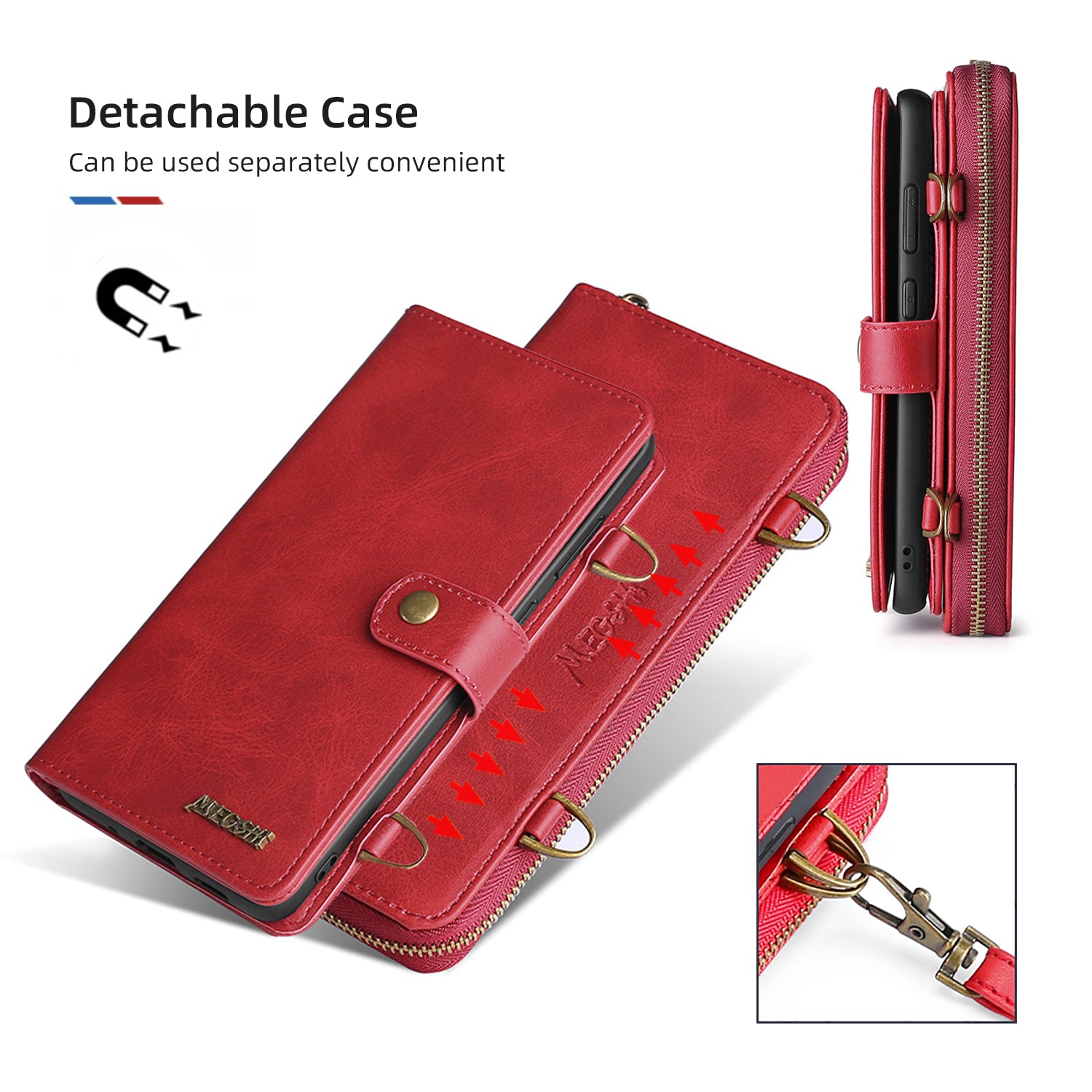 MEGSHI 020 Series Scratch-resistant Magnetic Detachable Design Shockproof PU Leather TPU Wallet Cover Shoulder Bag for Samsung Galaxy S20 FE 2022/S20 FE/S20 FE 5G/S20 Lite - Red